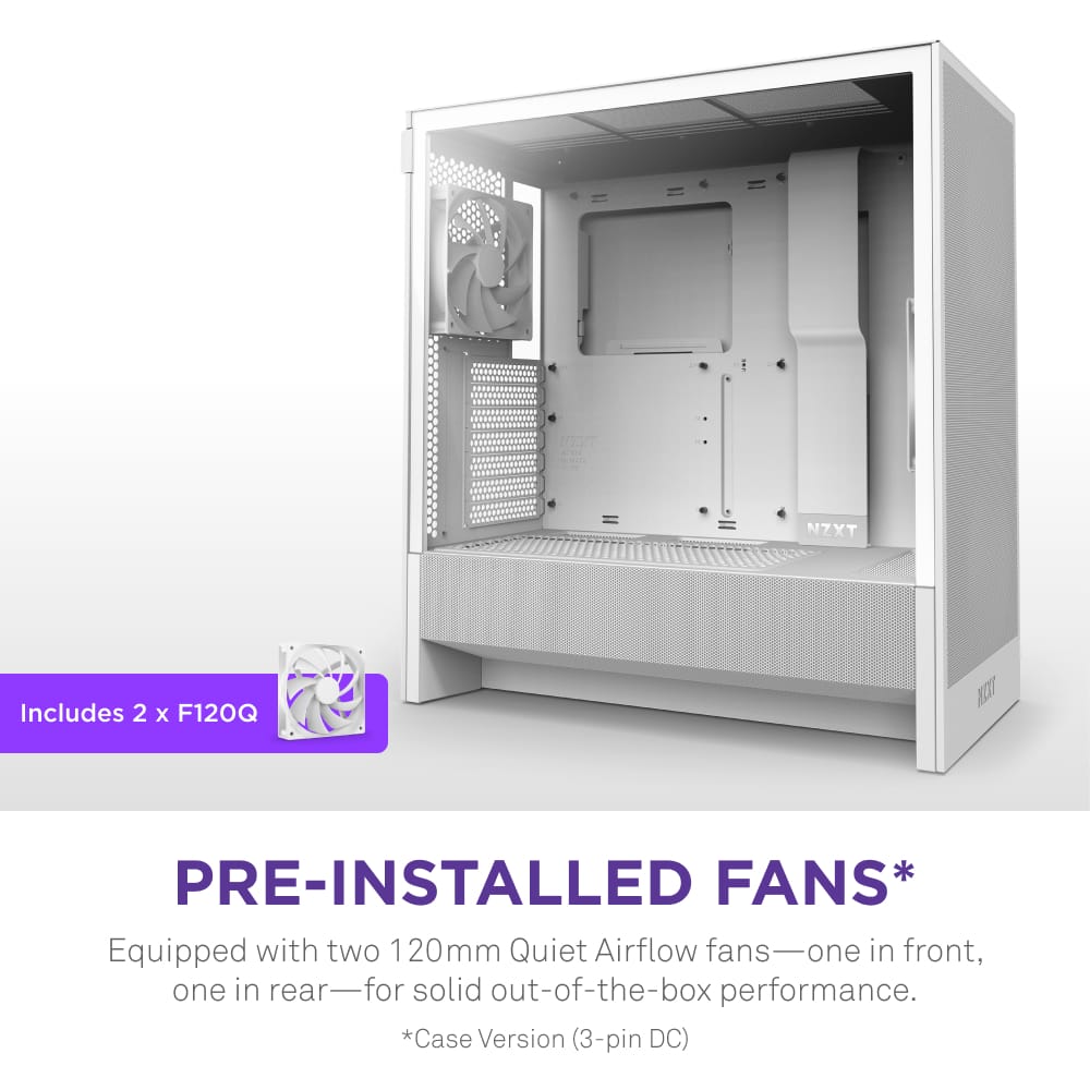 The text on the image is already grouped and corrected. It reads: "Ko NZXT Includes 2 x F120Q KOT PRE-INSTALLED FANS* Equipped with two 120mm Quiet Airflow fans-one one in front, one in rear-for solid out-of-the-box performance. *Case Version (3-pin DC)".