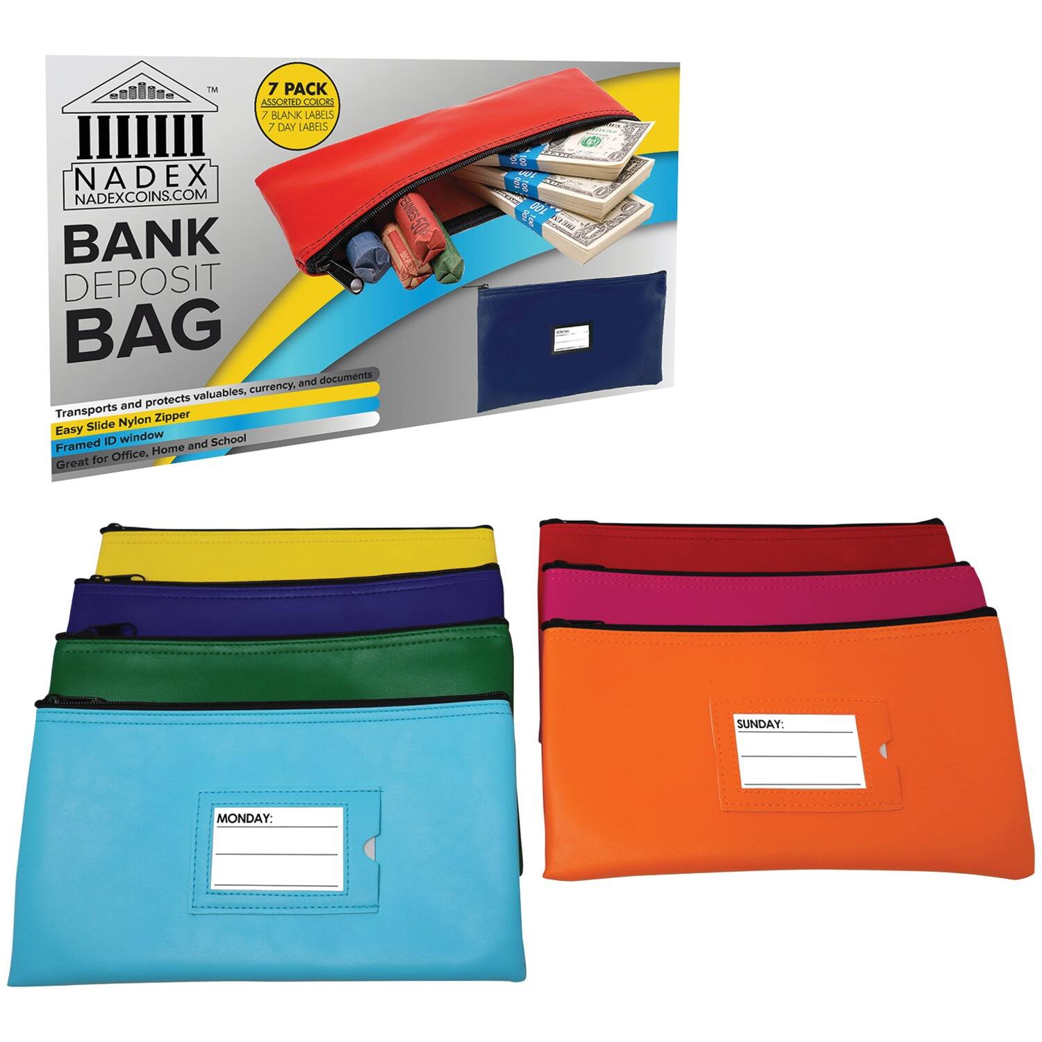 TM 7 PACK ASSORTED COLORS CRID / BLANK LABELS 7 DAY LABELS NADEX NADEXCOINS.COM BANK DEPOSIT BAG and documents valuables, currency. and protects Transports Zipper Slide Nylon Easy wobniw Framed ID and School Office, Home Great for 2 - 5 i B0 E N-a SUNDAY: MONDAY: