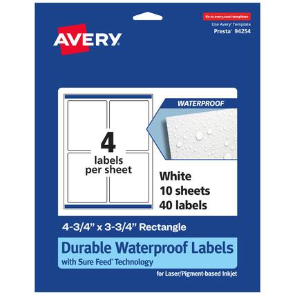 Go to avery.com/templates
AVERY
Use Avery™ Template Presta 94254
WATERPROOF
4 labels per sheet
White
10 sheets
40 labels
4-3/4" X 3-3/4" Rectangle
Durable Waterproof Labels with Sure Feed Technology for Laser/Pigment-based Inkjet