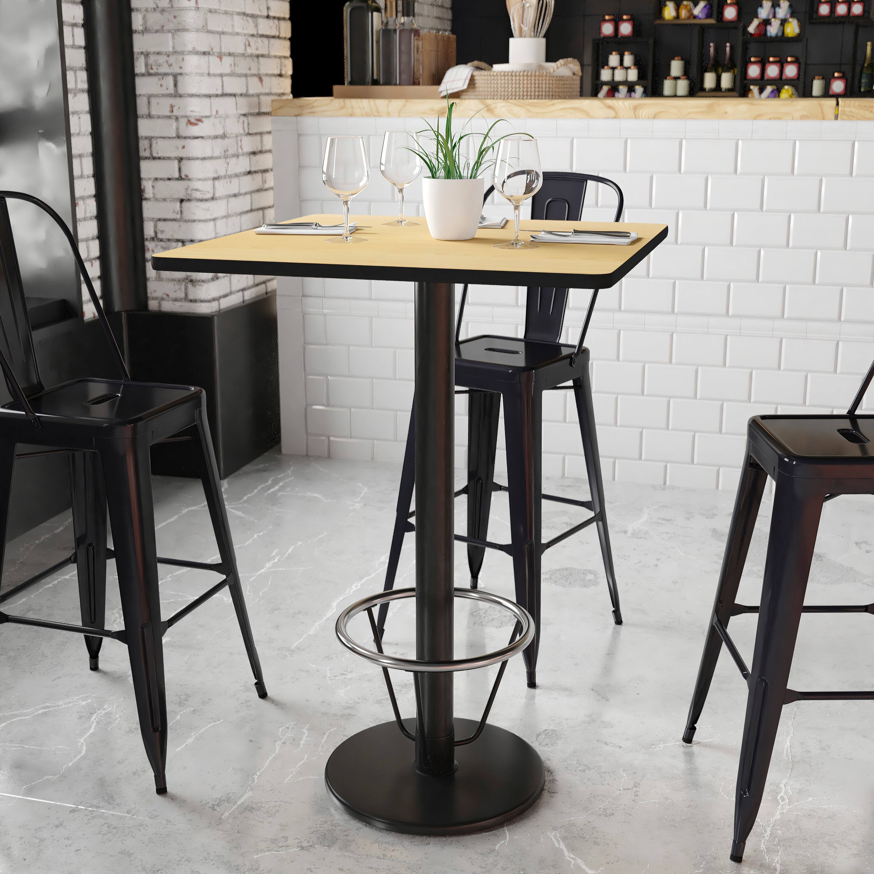 Angle. Flash Furniture - Stiles 30'' Square Natural Laminate Table Top with 18'' Round Bar Height Table Base and Foot Ring - Natural.