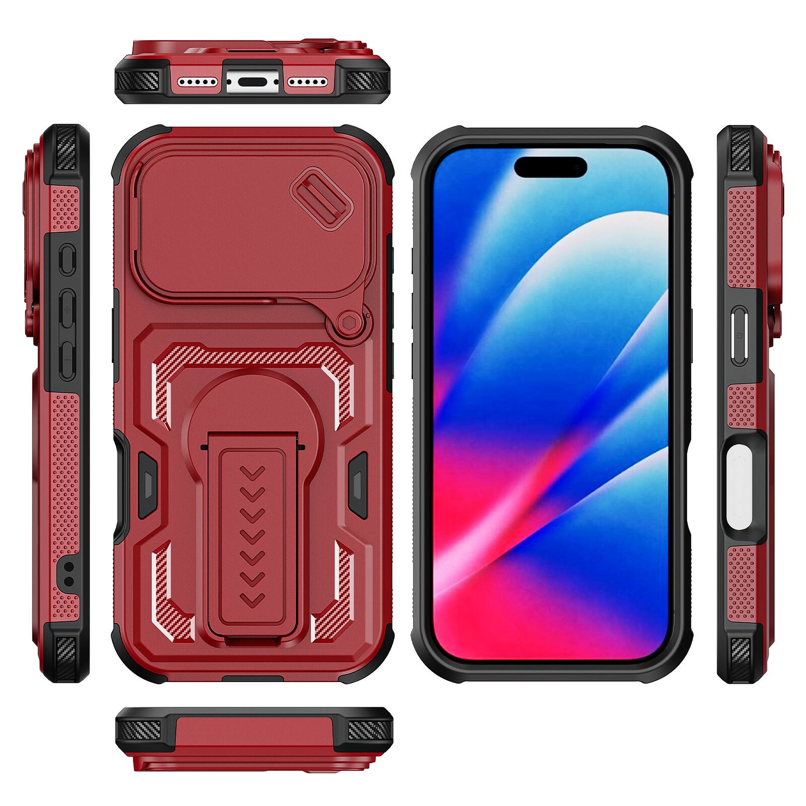 Alt View 4. Dteck - Rugged Stand Case for Apple iPhone 17 Pro Max,Shockproof Heavy Duty Cover With Sliding Lens Cover+Tempered Glass Flim - Red.