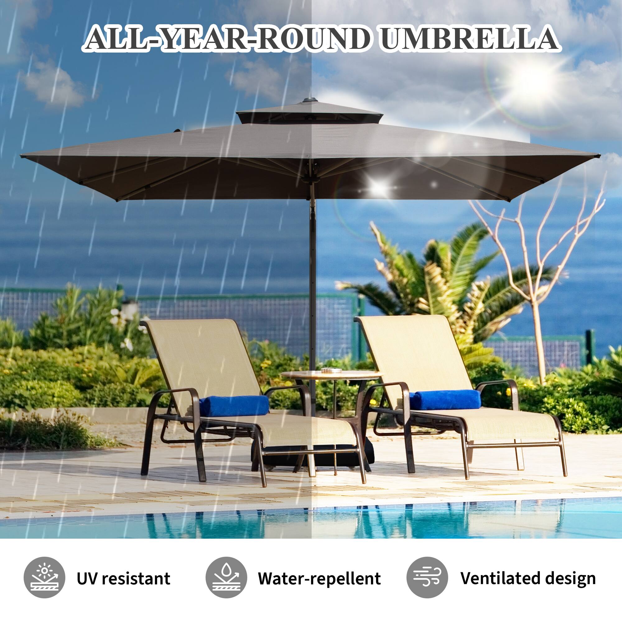 ALL-YEAR-ROUND UMBRELLA

- UV resistant
- Water-repellent
- Ventilated design