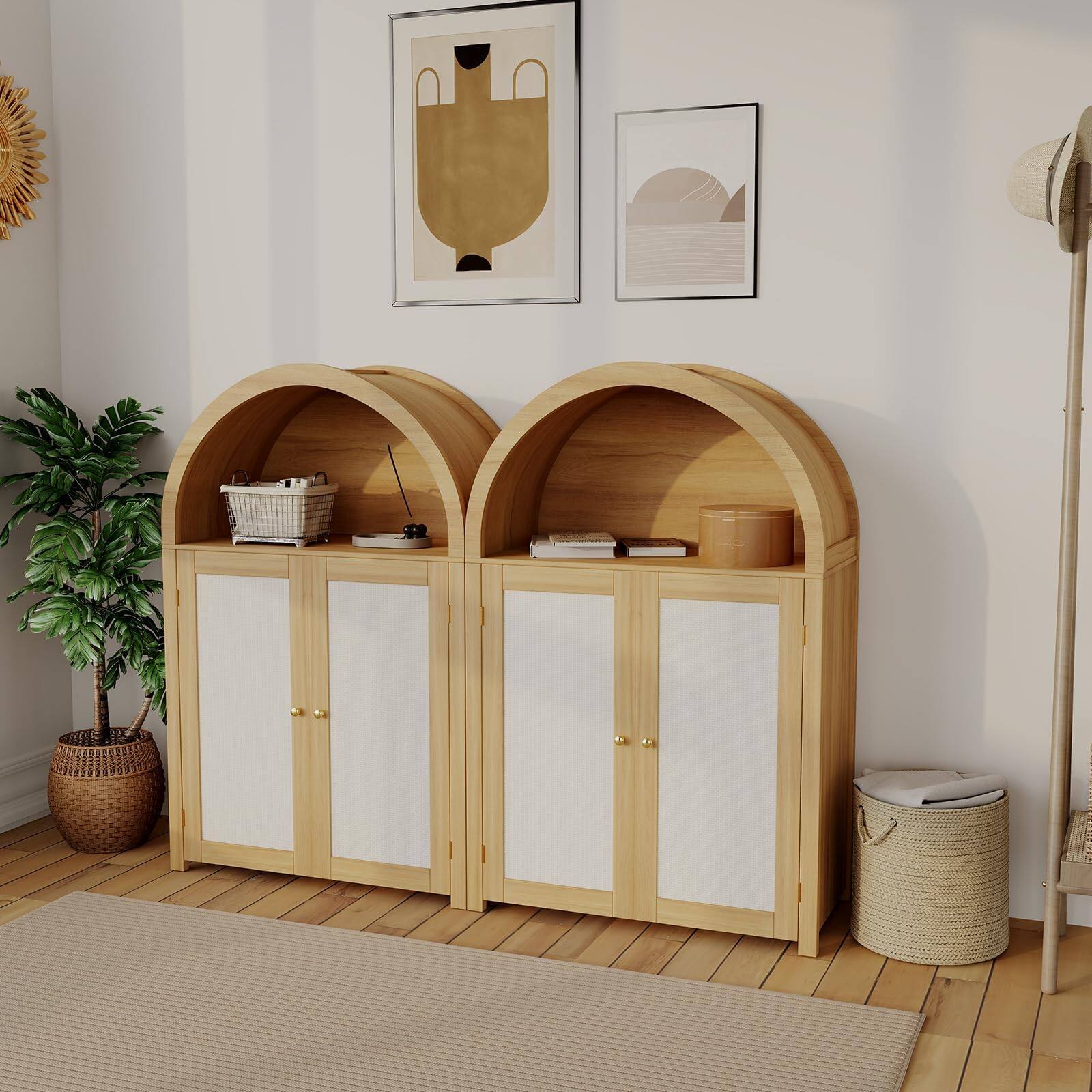 Alt View 3. Jojoka - 31.5" Arched Shoe Cabinet, 5-Tier 47.8" Tall Rattan Shoe Storage Cabinet with 2 Doors, Open Shelf, Adjustable Shelves - Natural.