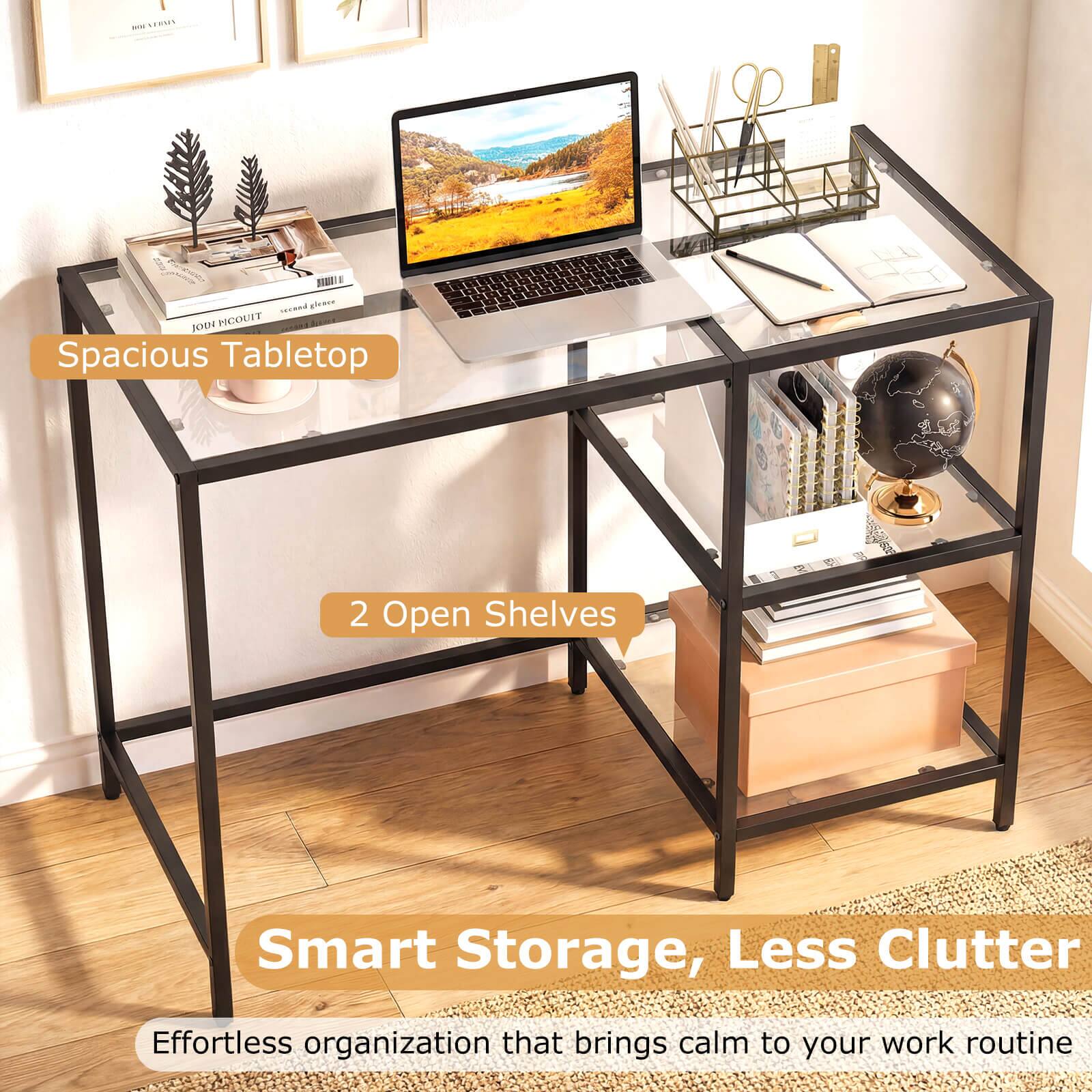 - C.... 11 s.a phas JOUN FICOUTT Spacious Tabletop 2 Open Shelves Smart Storage, Less Clutter Effortless organization that brings calm to your work routine