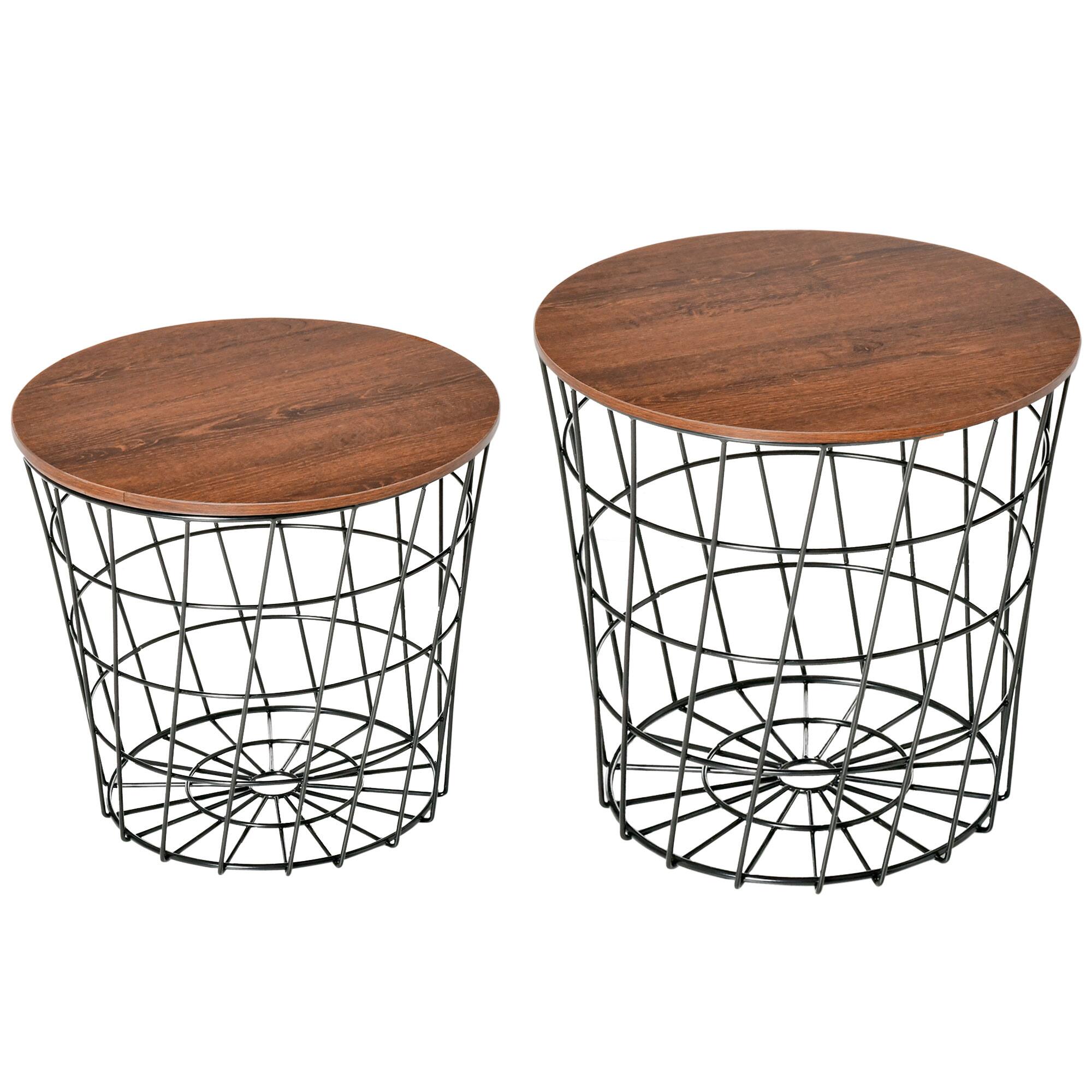 Homcom - Tables Set of 2, Nesting Tables with Storage, Round Accent Side Tables with Removable Top for Living Room - Black, Rustic Brown