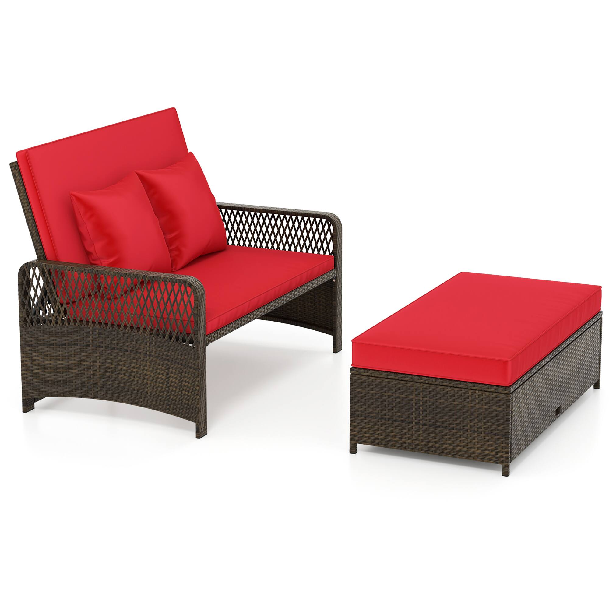 Alt View 9. Gymax - Gymax Patio Rattan Daybed Wicker Loveseat Sofa w/ Multifunctional Ottoman Red - Red.