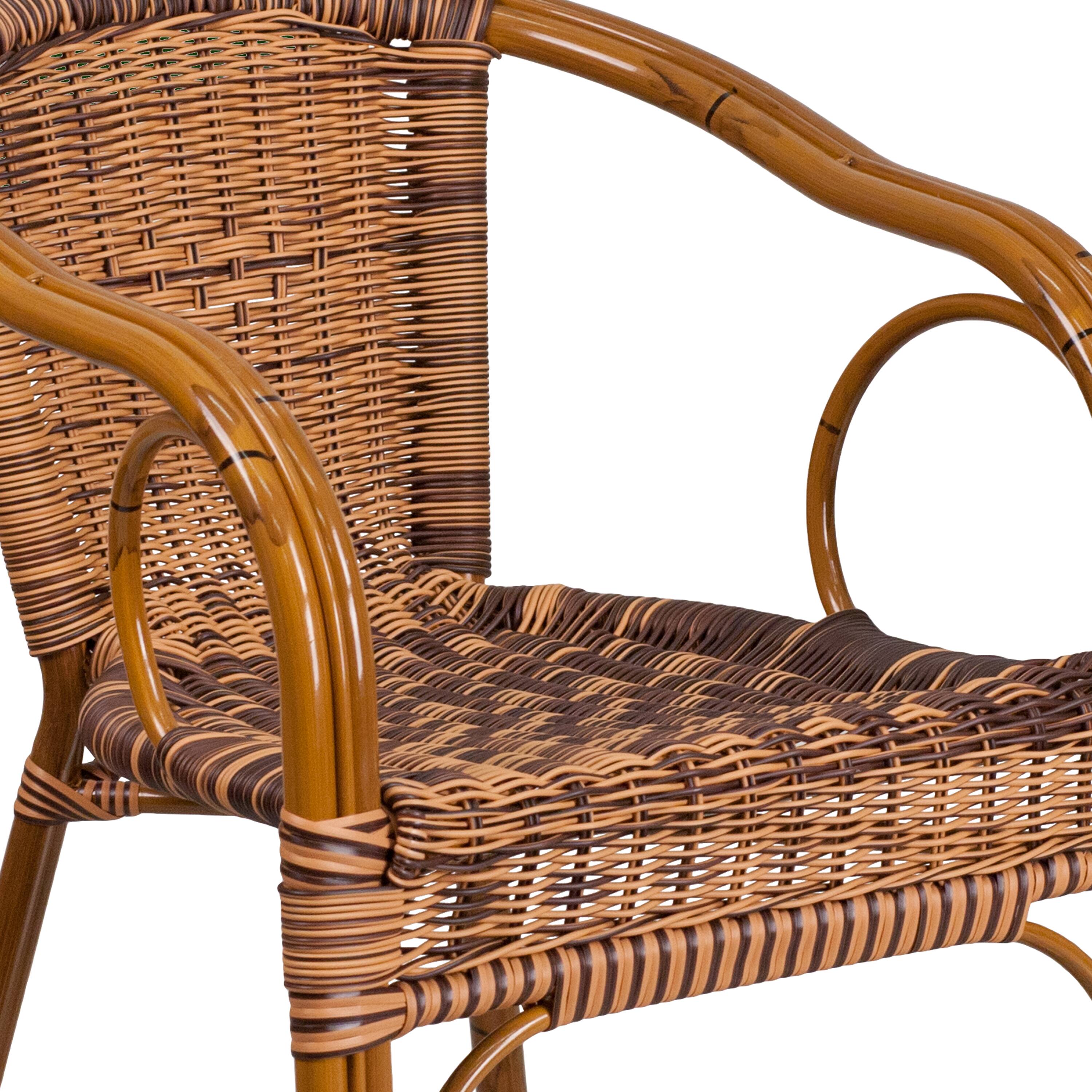 Alt View 9. Emma + Oliver - 3 Pack Rattan Restaurant Patio Chair with Bamboo-Aluminum Frame - Burning Brown Rattan/Dark Red Bamboo-Aluminum.