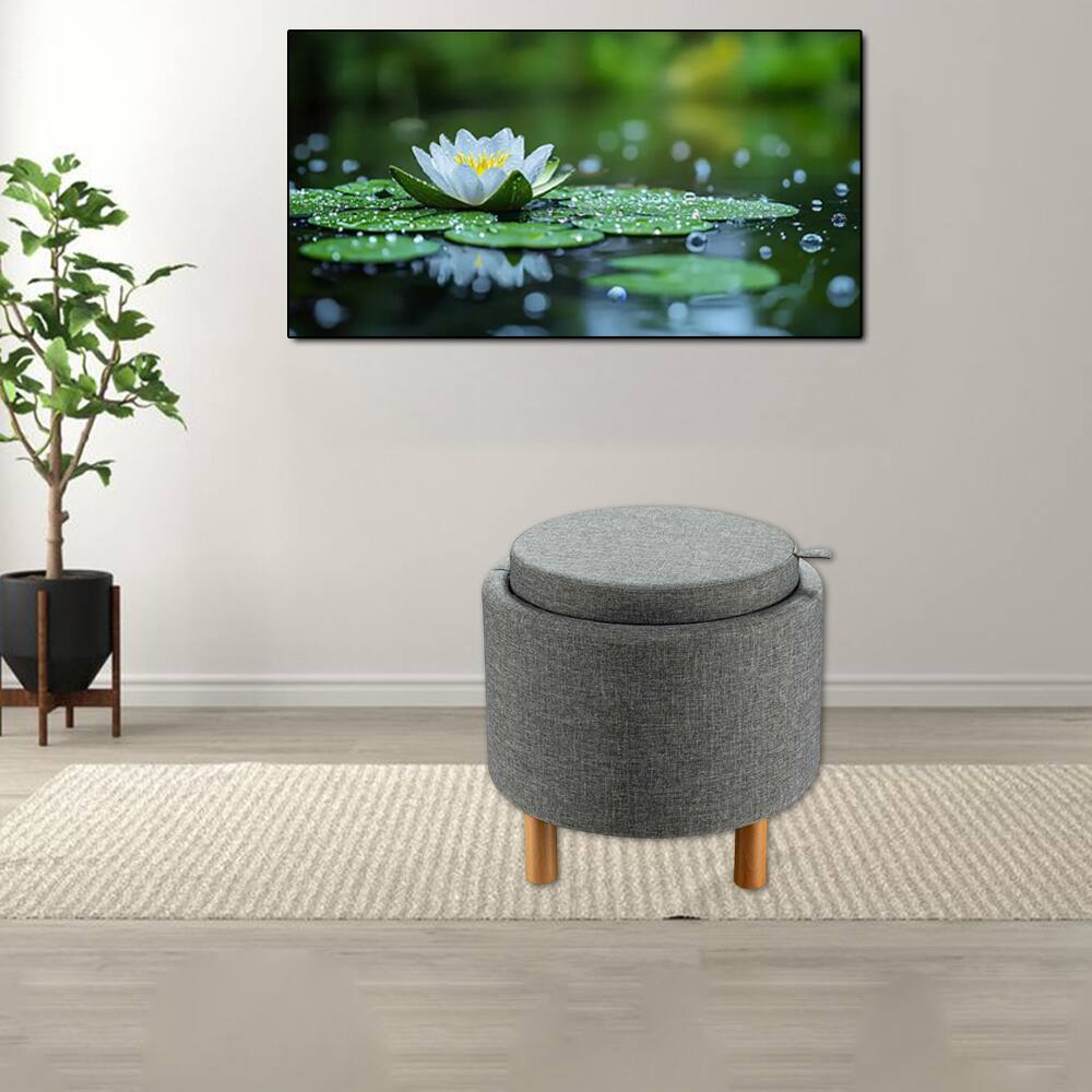 Front. Hivvago - Round Upholstered Storage Ottoman with Reversible Tray and Non-Slip Base for Bedroom - Gray.