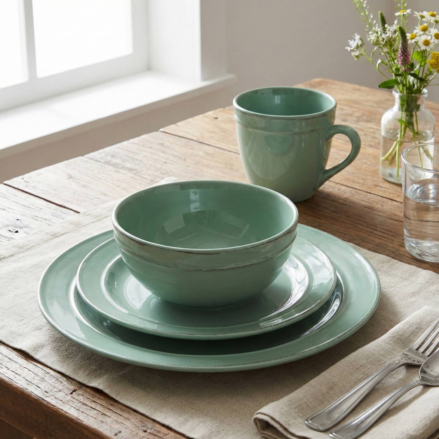 Left. American Atelier - Olivia Seafoam 16-Piece Dinner Set - Green.