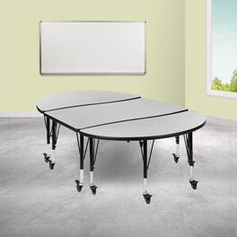 Emma + Oliver - 3PC Mobile 76" Oval Wave Collaborative Grey Kids Adjustable Activity Table Set - Gray
