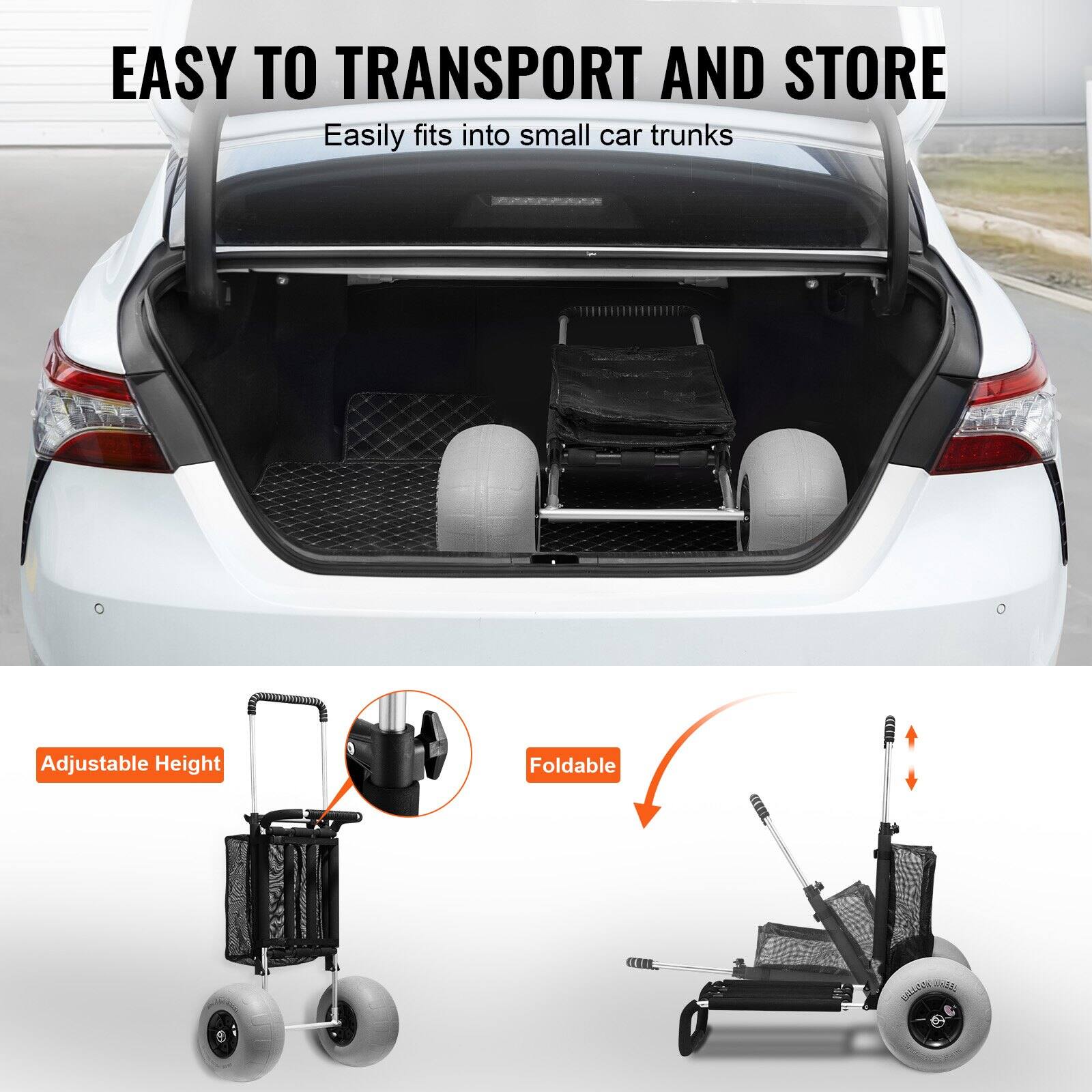EASY TO TRANSPORT AND STORE  
Easily fits into small car trunks  

Adjustable Height  
Foldable