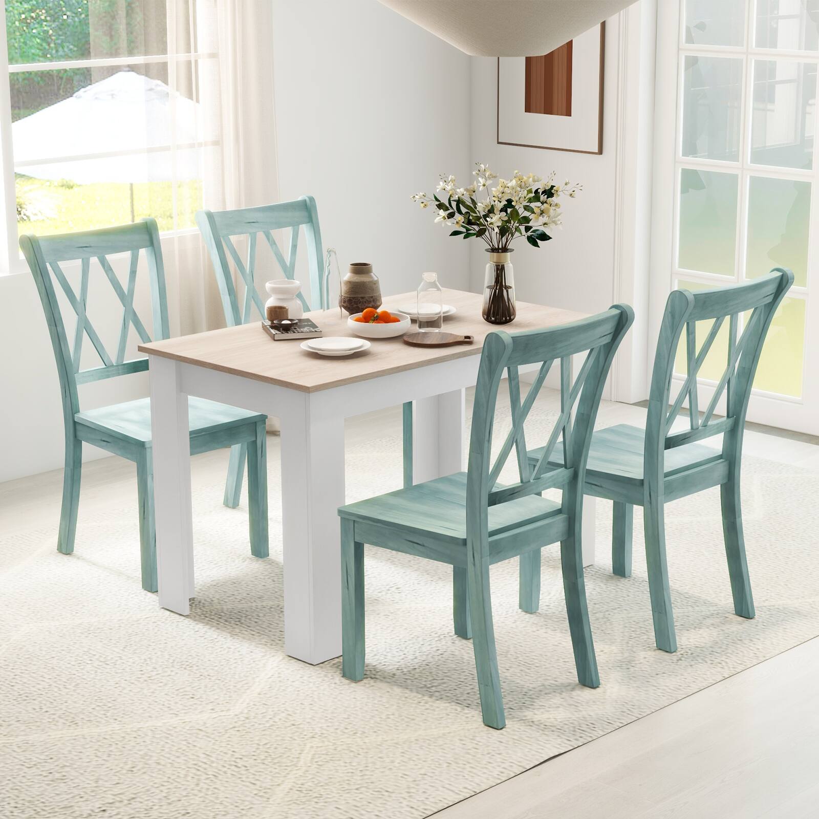 Alt View 1. Costway - Costway 5 PCS Dining Set Modern Rectangle Table & 4 Rubber Wood Chairs Kitchen Breakfast - White,Light Gray,Mint Green.