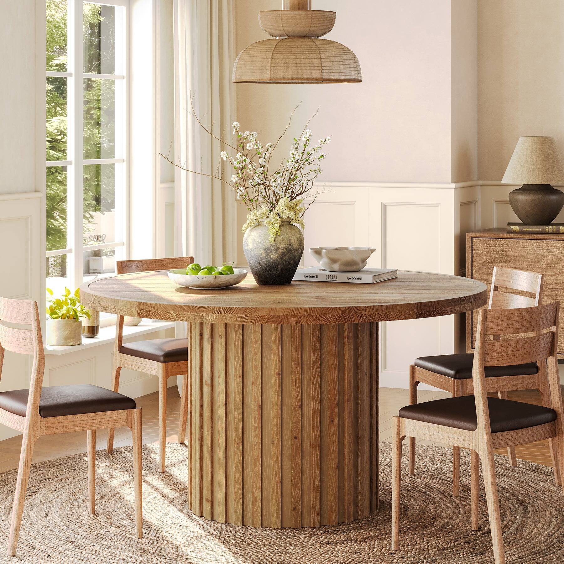 Tribesigns Solid Wood Dining Table with Fluted Design, Wood Grain ...