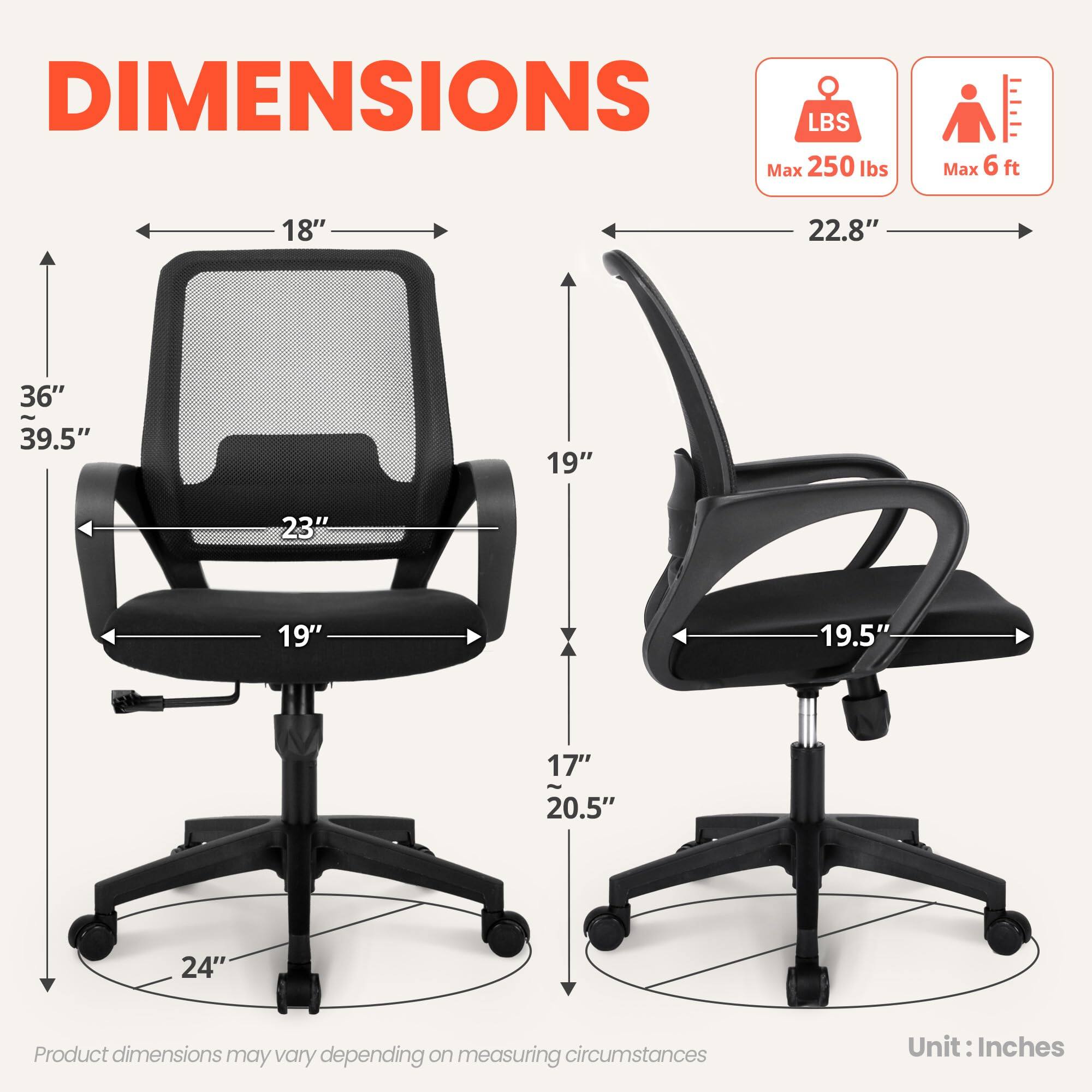 **DIMENSIONS**

- **Max Weight:** 250 lbs
- **Max Height:** 6 ft

**Dimensions:**
- **Left Chair:**
  - Width: 18"
  - Depth: 23"
  - Height: 36" - 39.5"
  - Seat Height: 19"
  - Armrest Height: 19"
  - Base Diameter: 24"

- **Right Chair:**
  - Width: 22.8"
  - Depth: 19.5"
  - Height: 17" - 20.5"
  - Seat Height: 19"
  - Armrest Height: 19.5"

**Note:** Product dimensions may vary depending on measuring circumstances.

**Unit:** Inches
