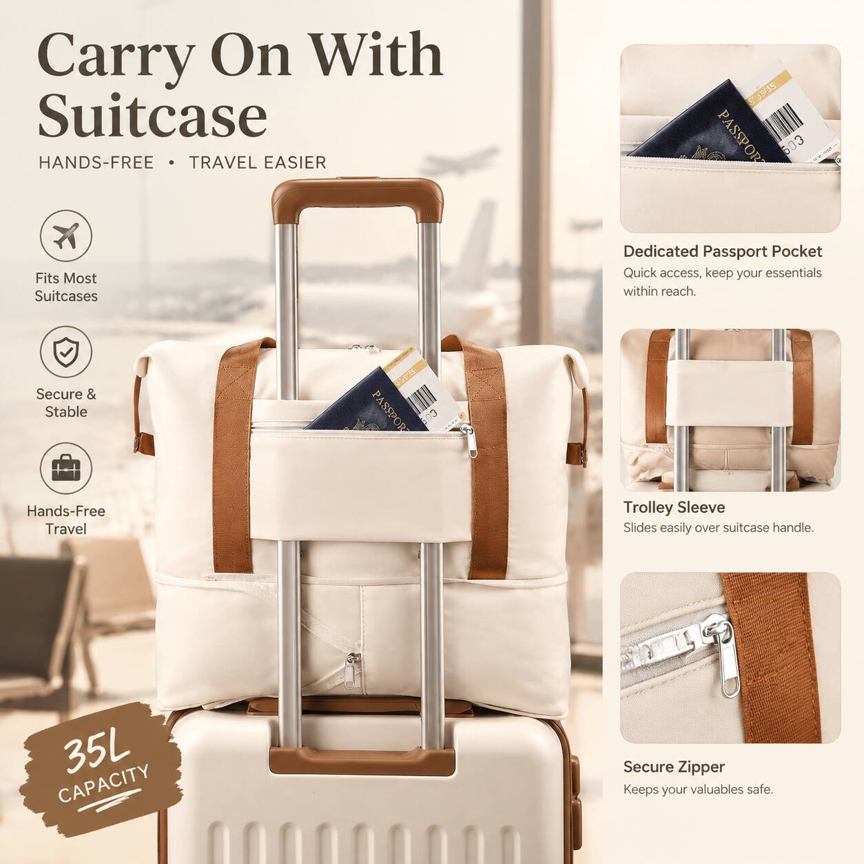 Carry On With Suitcase  
HANDS-FREE TRAVEL EASIER

S 1935 PASSPORT 603

Fits Most Suitcases

Secure & Stable

Hands-Free Travel

35L CAPACITY

Dedicated Passport Pocket  
Quick access, keep your essentials within reach.

Trolley Sleeve  
Slides easily over suitcase handle.

Secure Zipper  
Keeps your valuables safe.