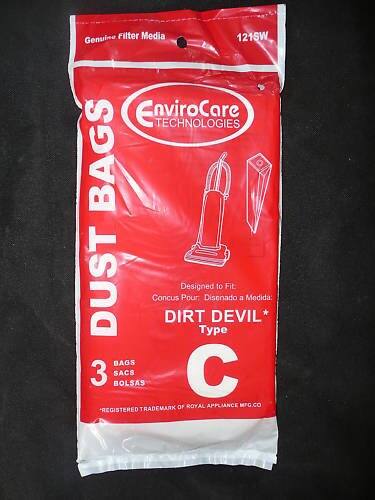 Genuine Filter Media  
EnviroCare TECHNOLOGIES  
DUST BAGS  
Designed to Fit: DIRT DEVIL*  
Type: C  
3 BAGS  
REGISTERED TRADEMARK OF ROYAL APPLIANCE MFG. CO.