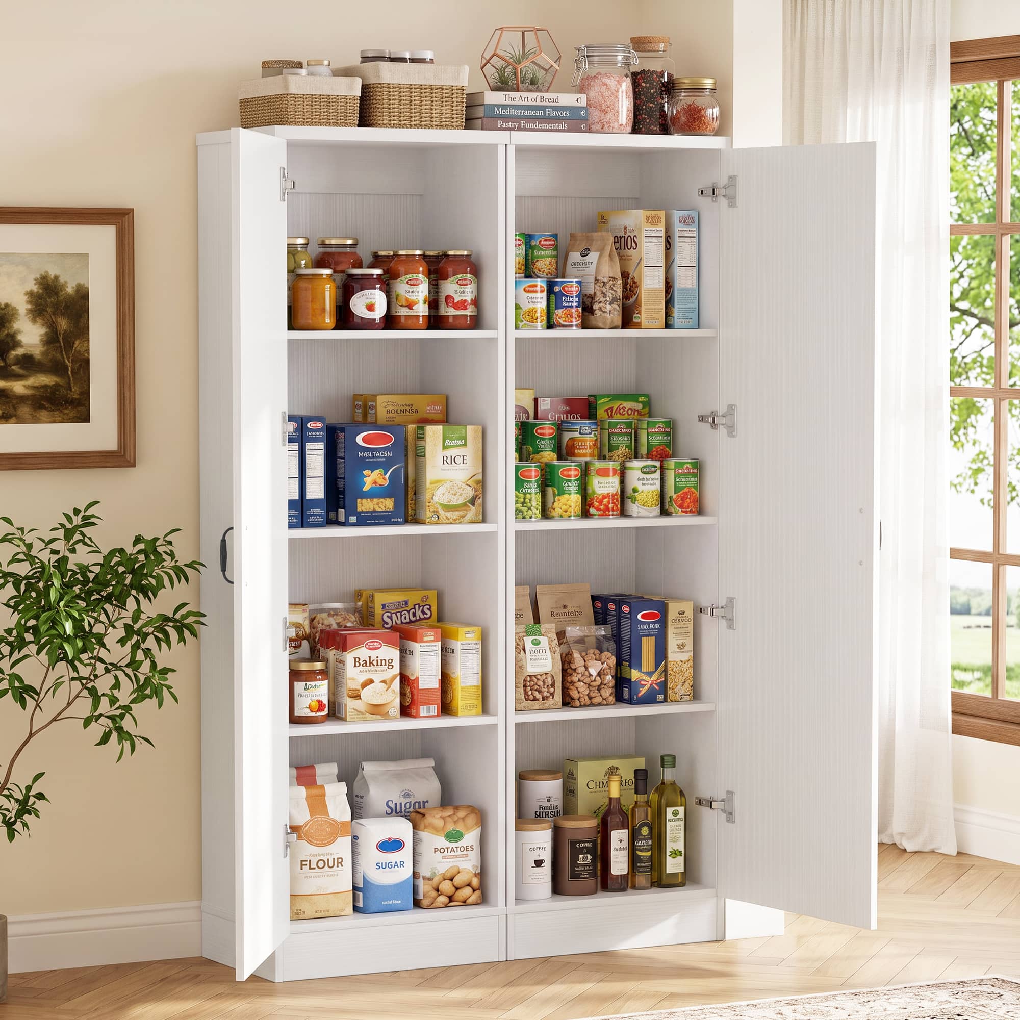 Aheaplus - 2-Pack Farmhouse Pantry Cabinets ,Adjustable Shelves, Reversible Doors, Slim Freestanding Organizers,Ships in 2 packages - White