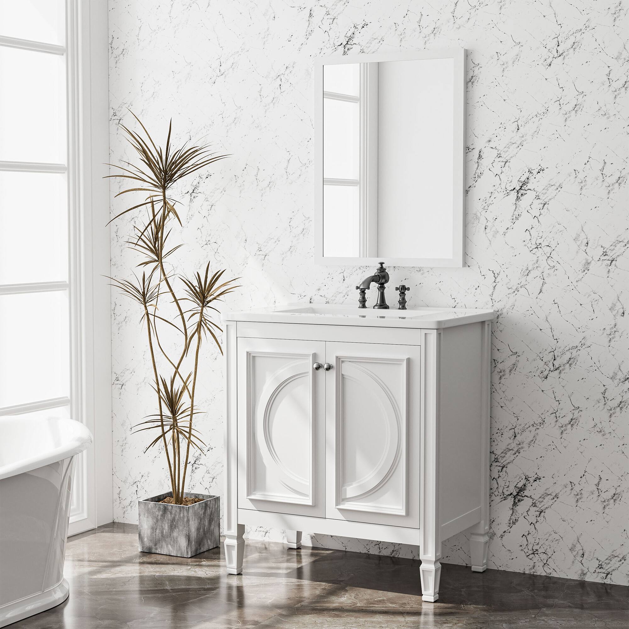 Front. KERDOM - 30 Inch Wide Bathroom Vanity With Ceramic Sink & Countertop, 3 Holes French Vintage Vanity Half Bath Cabinet, No Faucet - White.