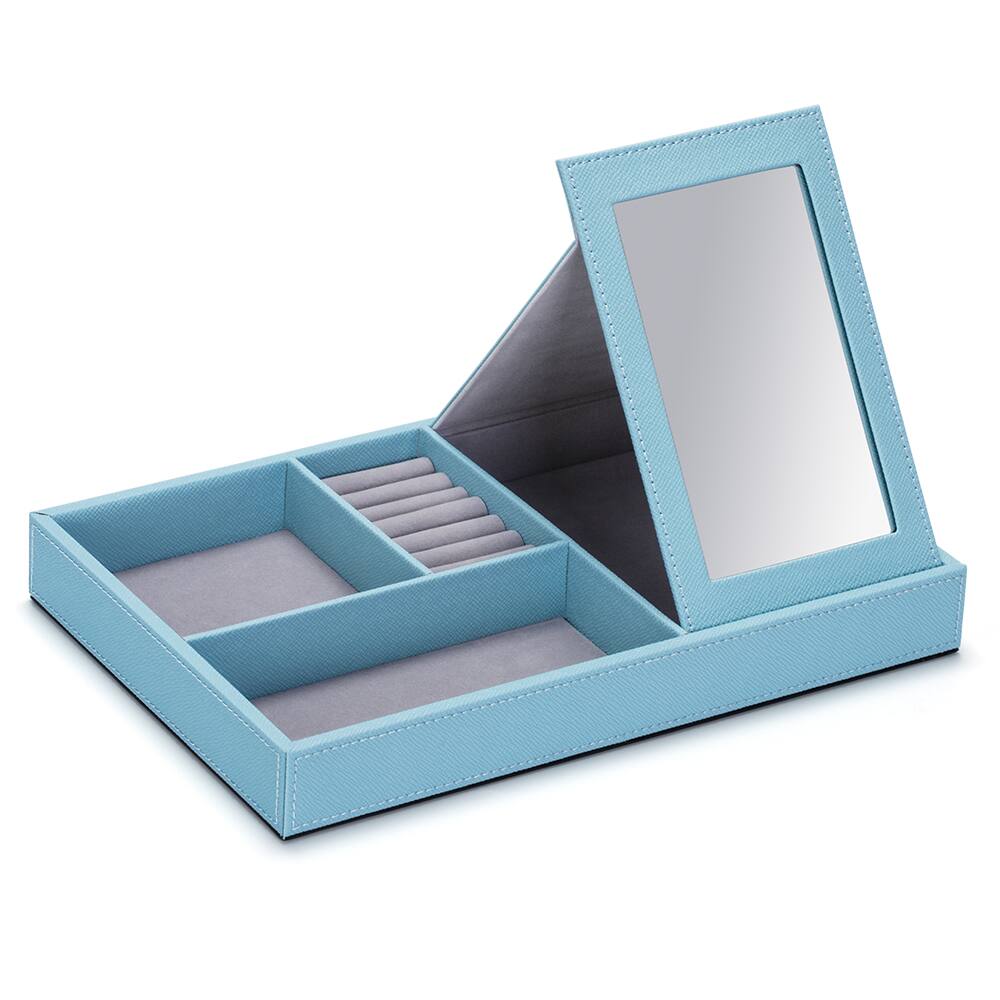 Angle. Oumilen - Light Blue Faux Leather Jewelry Box with Fold-Out Mirror, Multi-Compartment Organizer Tray for Rings Earrings Necklace - Blue.