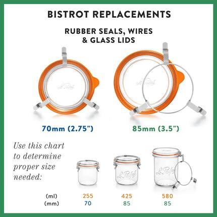 BISTROT REPLACEMENTS  
RUBBER SEALS, WIRES & GLASS LIDS  

70mm (2.75")  
85mm (3.5")  

Use this chart to determine proper size needed:  

(ml) (mm)  
255 70  
425 85  
580 85