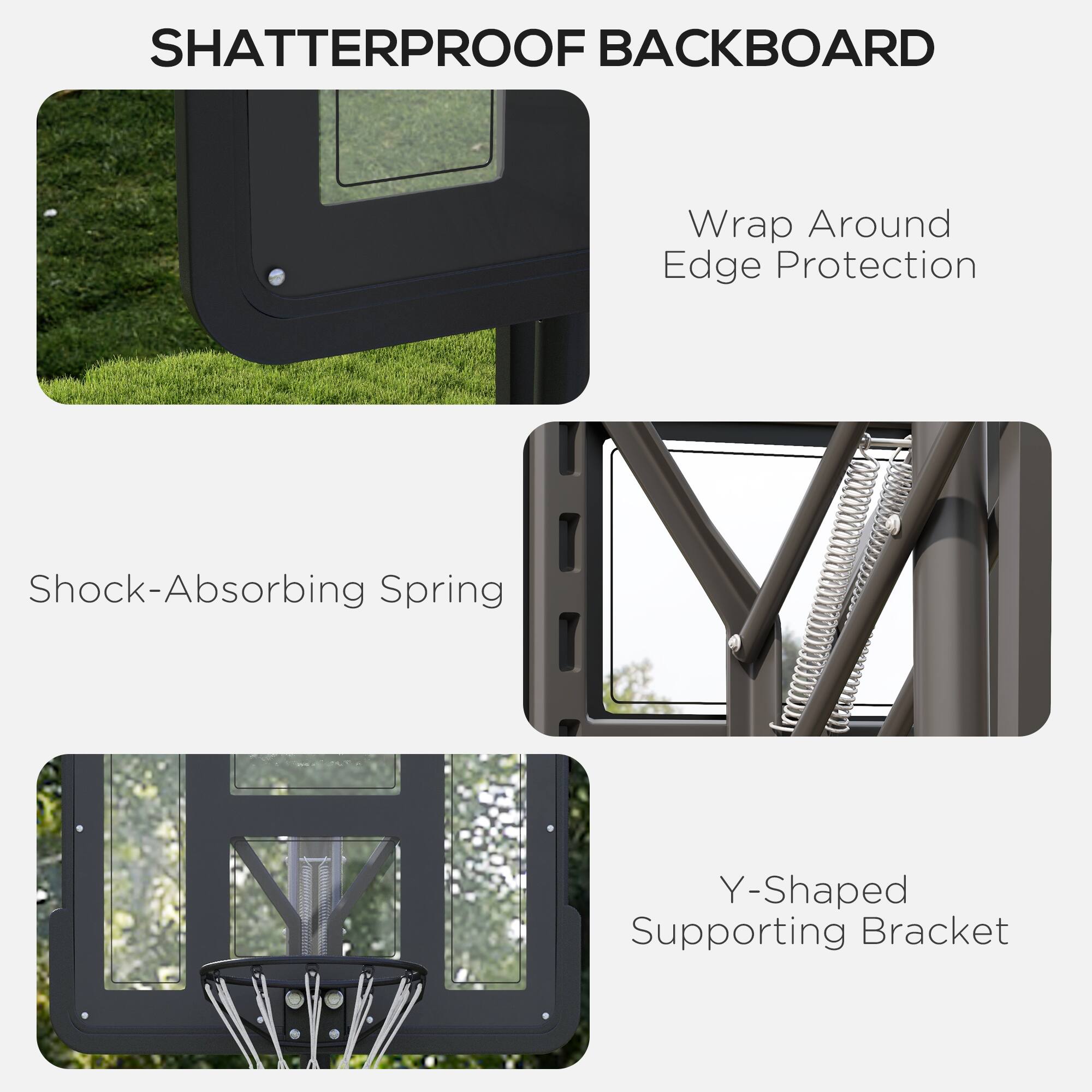 SHATTERPROOF BACKBOARD

- Wrap Around Edge Protection
- Shock-Absorbing Spring
- Y-Shaped Supporting Bracket
