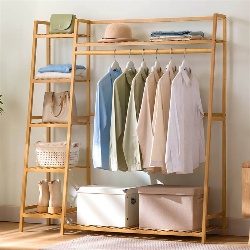 Back. ALEXOUN - Bamboo Garment Rack - Free Standing Clothes Hanger, Closet Organizer, Multi-tiered Storage Shelves for Hall, Bedroom - Natural.