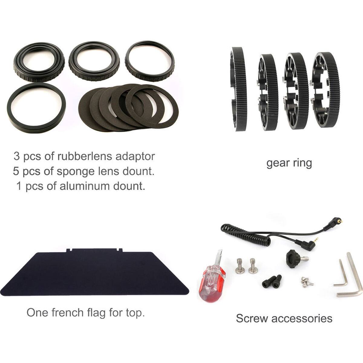 3 pcs of rubber lens adaptor  
5 pcs of sponge lens dount.  
1 pcs of aluminum dount.  
1190 gear ring  
One french flag for top.  
Screw accessories