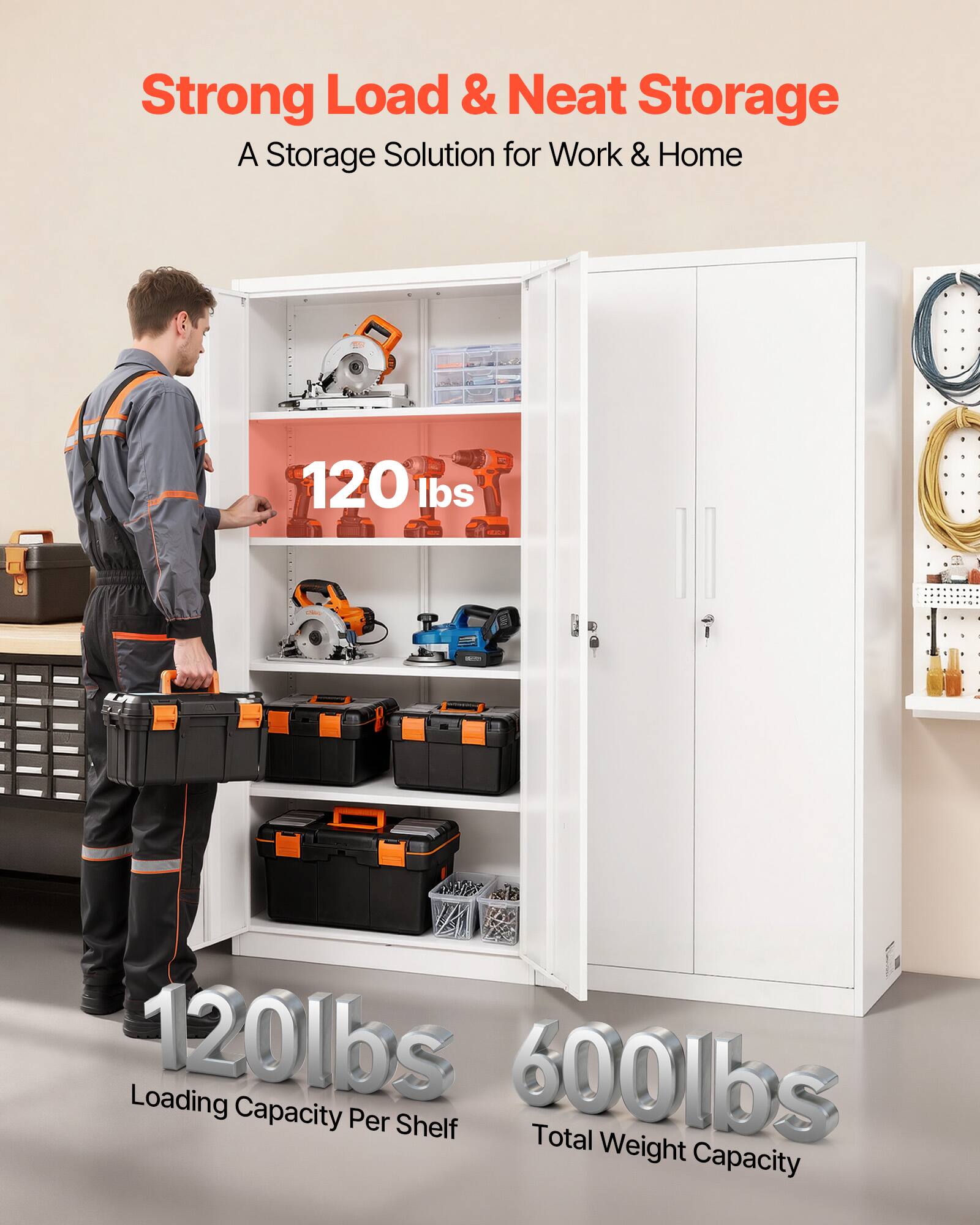 Strong Load & Neat Storage  
A Storage Solution for Work & Home  

120 lbs - Loading Capacity Per Shelf  
600 lbs - Total Weight Capacity
