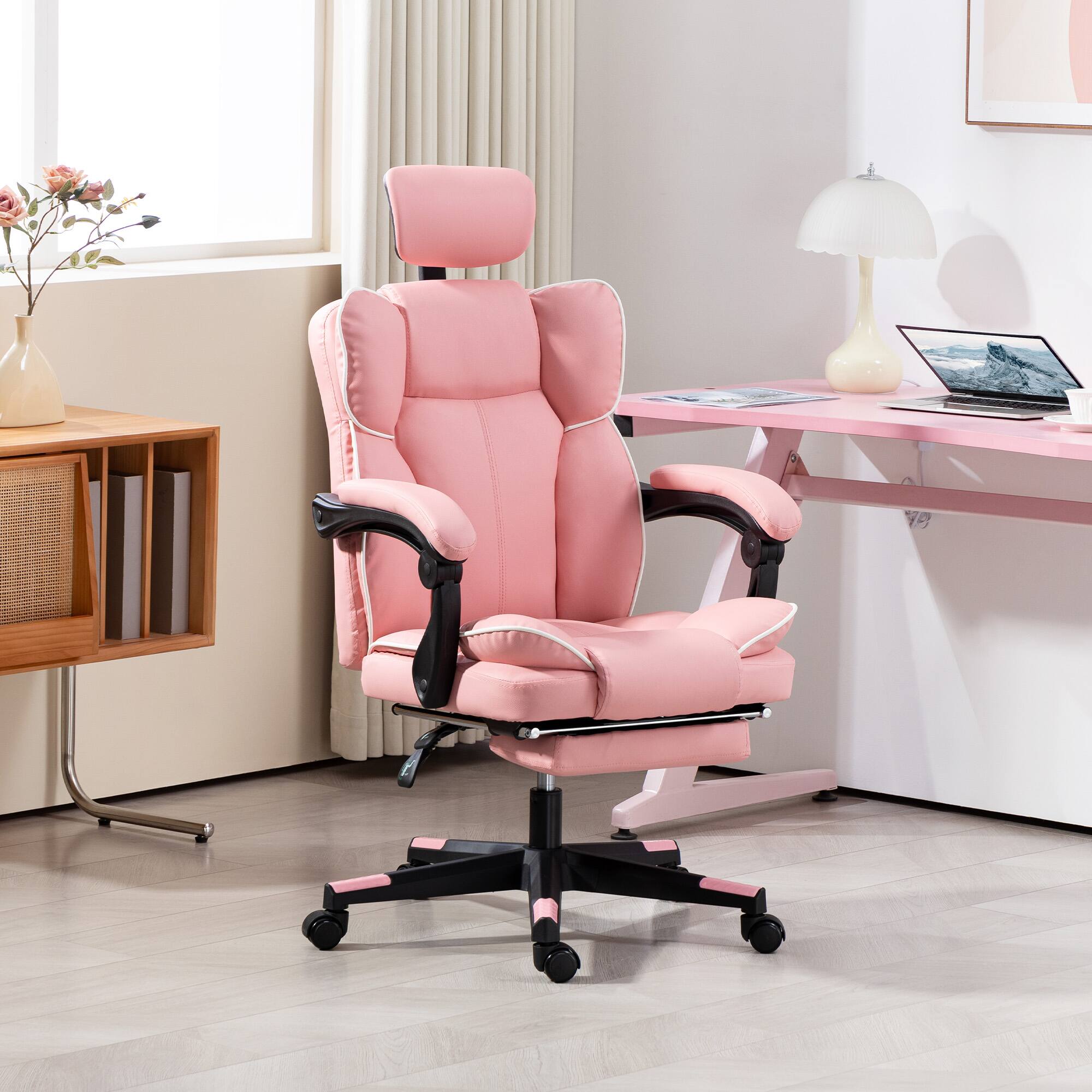 Alt View 1. Homcom - Leather Office Chair, Executive Desk Chair with Headrest, Foot Rest, Swivel Wheels - Pink.