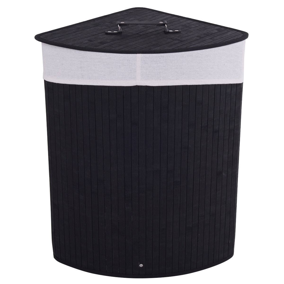 Alt View 18. Costway - Corner Bamboo Hamper Laundry Basket Washing Cloth Bin Storage Bag Lid Black - Black.