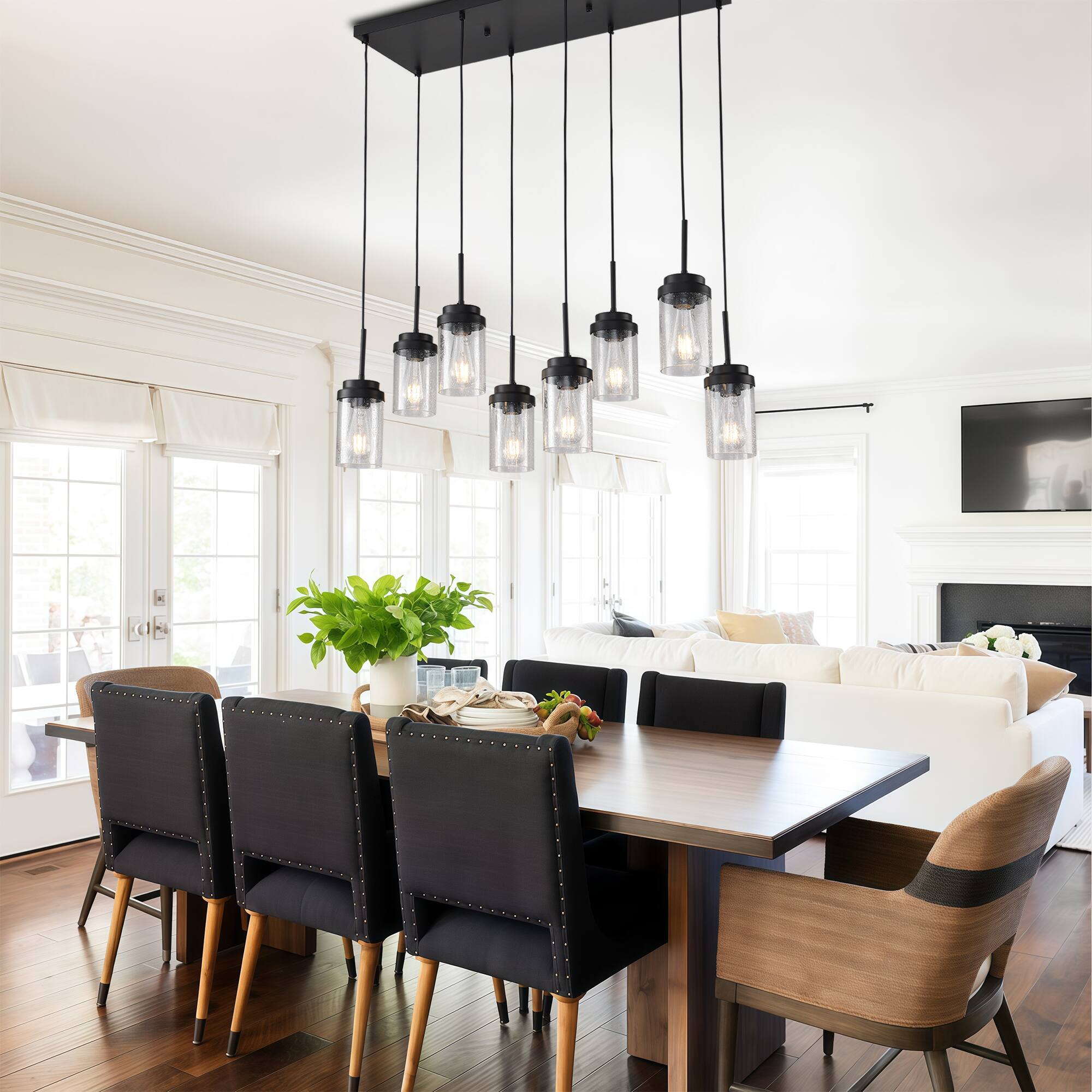 Left. RYHNUYNE - 8 Lights Kitchen Island Lighting, Modern Black Linear Chandelier, Dining Room Light Fixture for Kitchen Bar - Black.