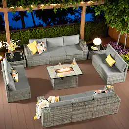 Ovios - 12 PCS Outdoor Patio Furniture Wicker Sectional Sofa with Coffee Table & 42" Fire Pit Table - Dark Gray
