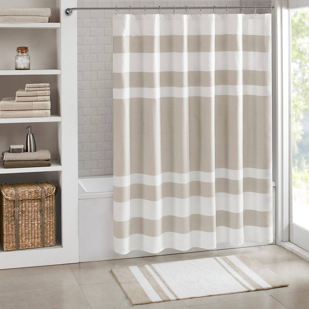 Front. APRILSOUL - Reversible Cotton Bath Rug Casual Stripes Soft Plush Highly Absorbent - taupe.