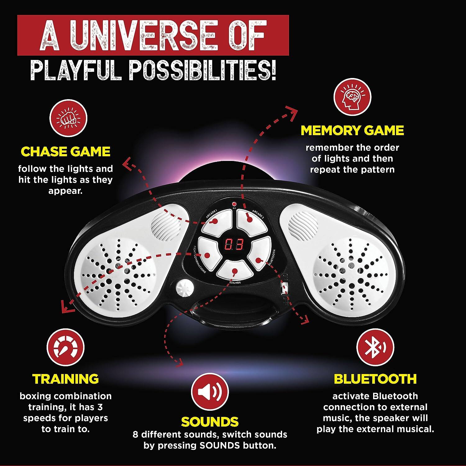 A UNIVERSE OF PLAYFUL POSSIBILITIES!

CHASE GAME  
follow the lights and hit the lights as they appear.

MEMORY GAME  
remember the order of lights and then repeat the pattern.

TRAINING  
boxing combination training, it has 3 speeds for players to train to.

SOUNDS  
8 different sounds, switch sounds by pressing SOUNDS button.

BLUETOOTH  
activate Bluetooth connection to external music, the speaker will play the external musical.