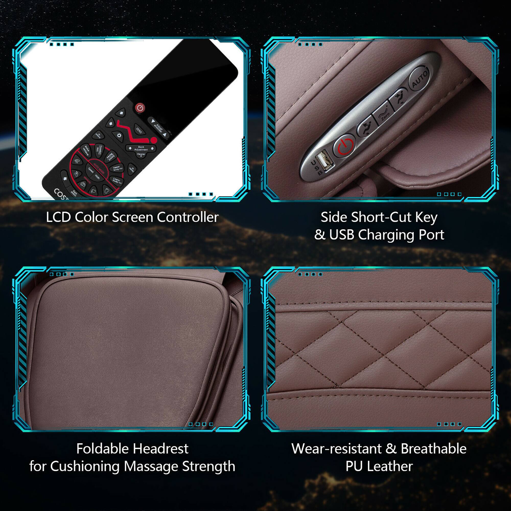 The text on the image is grouped and corrected as follows:

1. LCD Color Screen Controller: This is a remote control with a color screen, which allows users to navigate and control various functions on their devices.
2. Side Short-Cut Key & USB Charging Port: This feature allows users to easily access frequently used functions or shortcuts, as well as charge their devices through a USB port.
3. Foldable Headrest for Cushioning Massage Strength: This is a headrest that can be folded and adjusted to provide extra support and comfort for users during massages or other treatments.
4. Wear-resistant & Breathable PU Leather: This is a type of leather that is resistant to wear and tear, and also allows for better air circulation, making it more comfortable and durable.