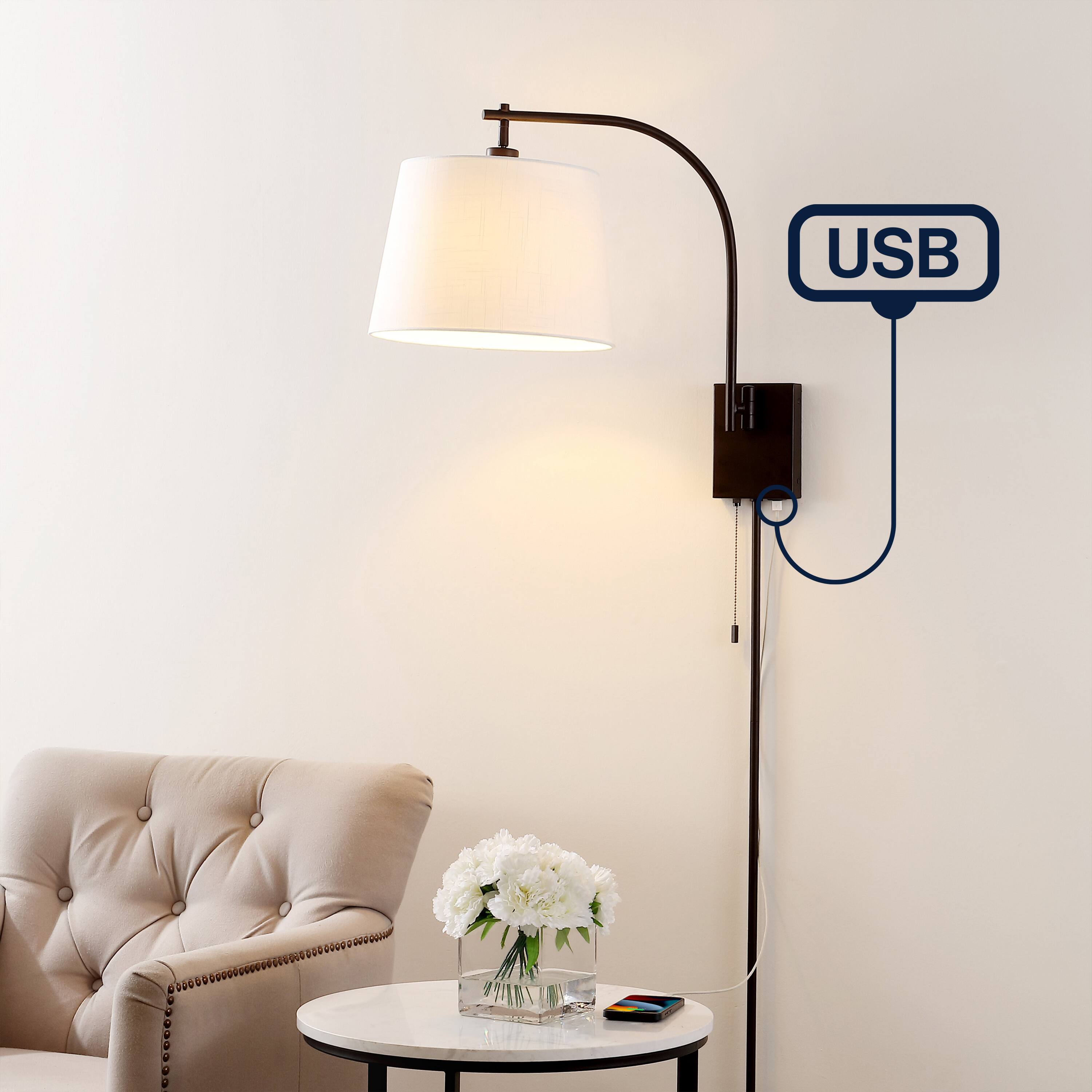 Alt View 1. Jonathan Y - Gosling 22.5" Plug-In or Hardwired Iron Gooseneck Swing Arm Sconce with Pull-Chain and Charging Port, Oil Rubbed Bronze - Oil Rubbed Bronze.