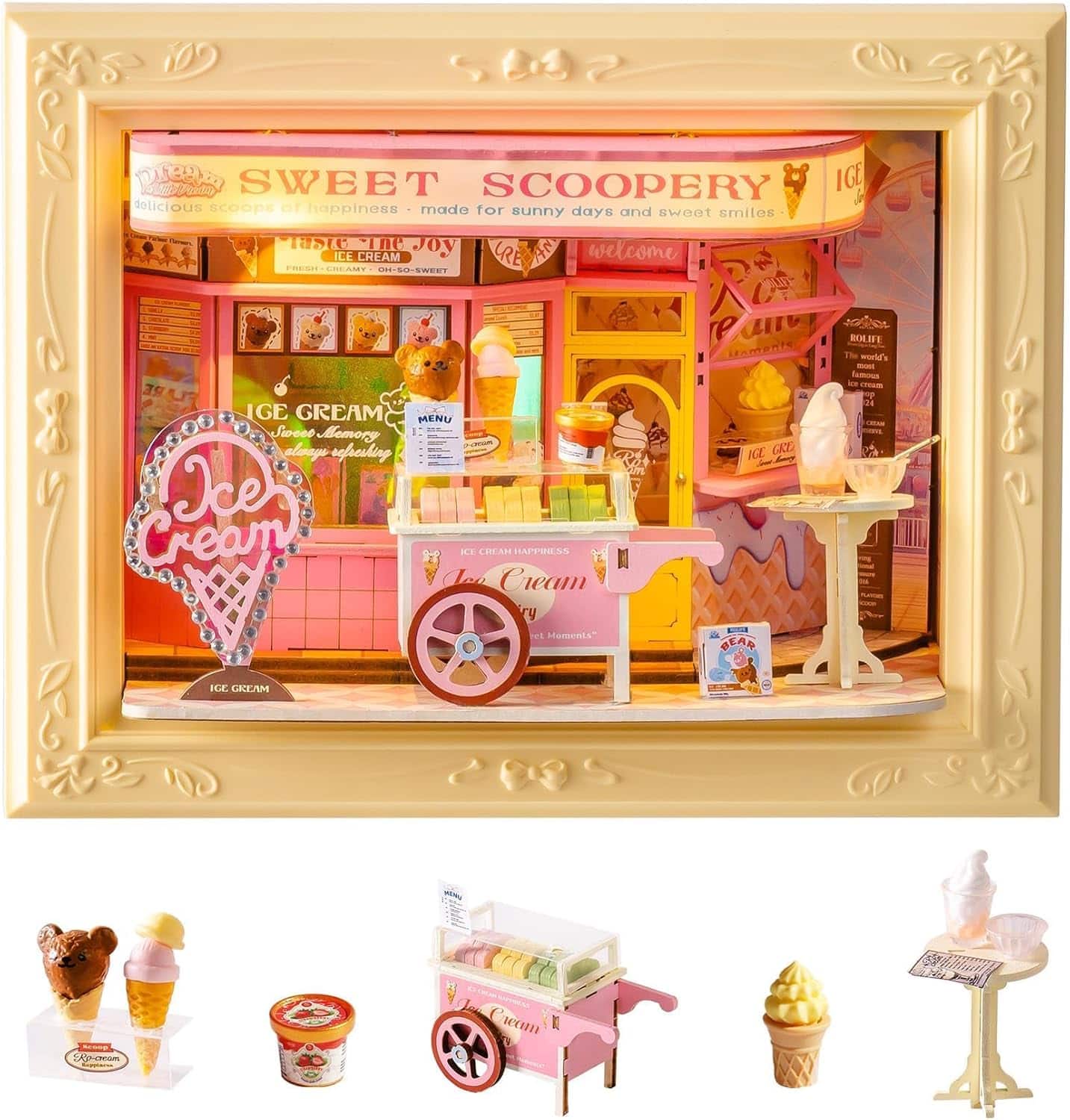 Robotime - Rolife Sweet Scoopery Ice Cream DIY Miniature House Kit Creative Frame 3D Wall-Mountable Mini Room Building Set - Brown
