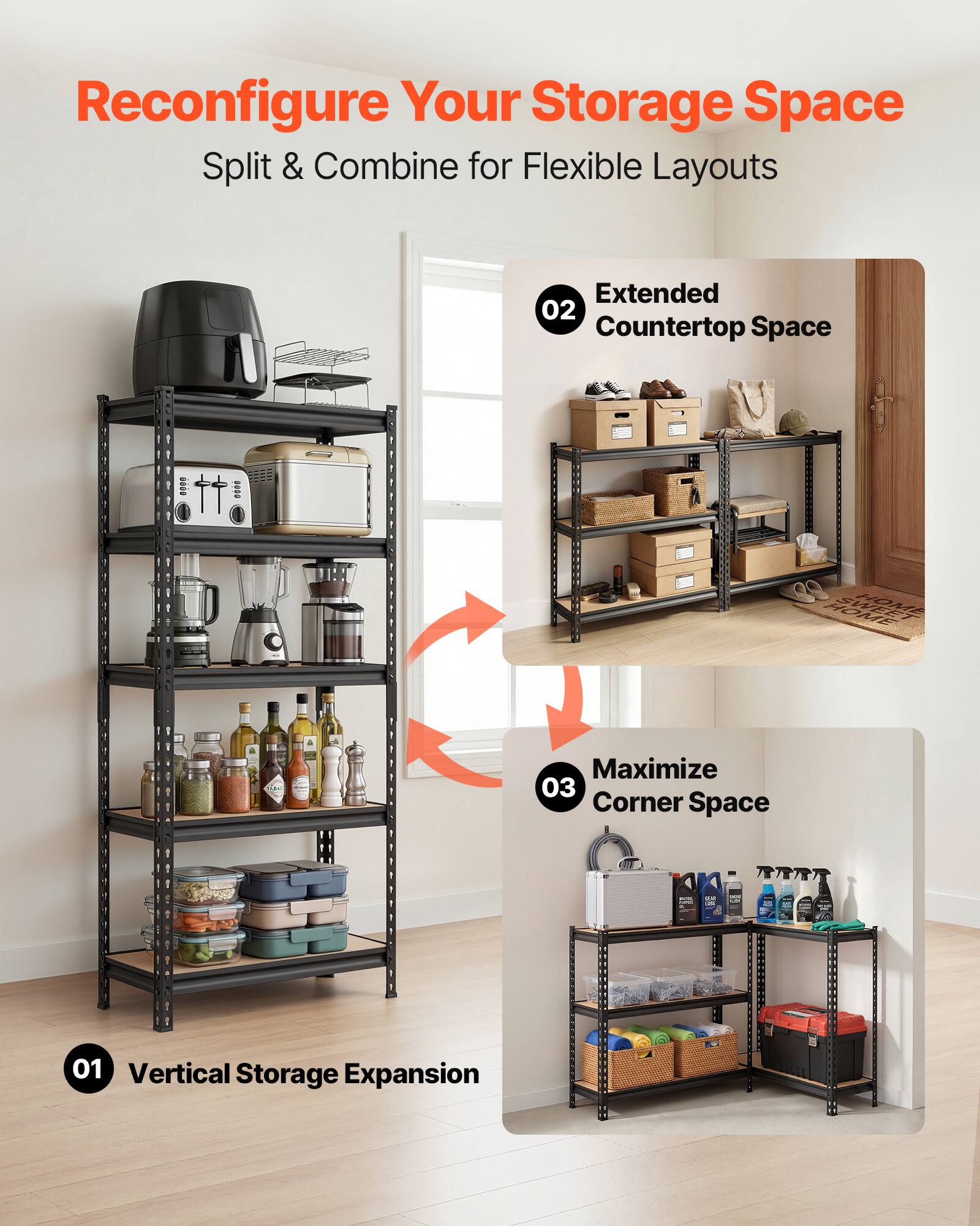 Reconfigure Your Storage Space  
Split & Combine for Flexible Layouts  

01 Vertical Storage Expansion  
02 Extended Countertop Space  
03 Maximize Corner Space