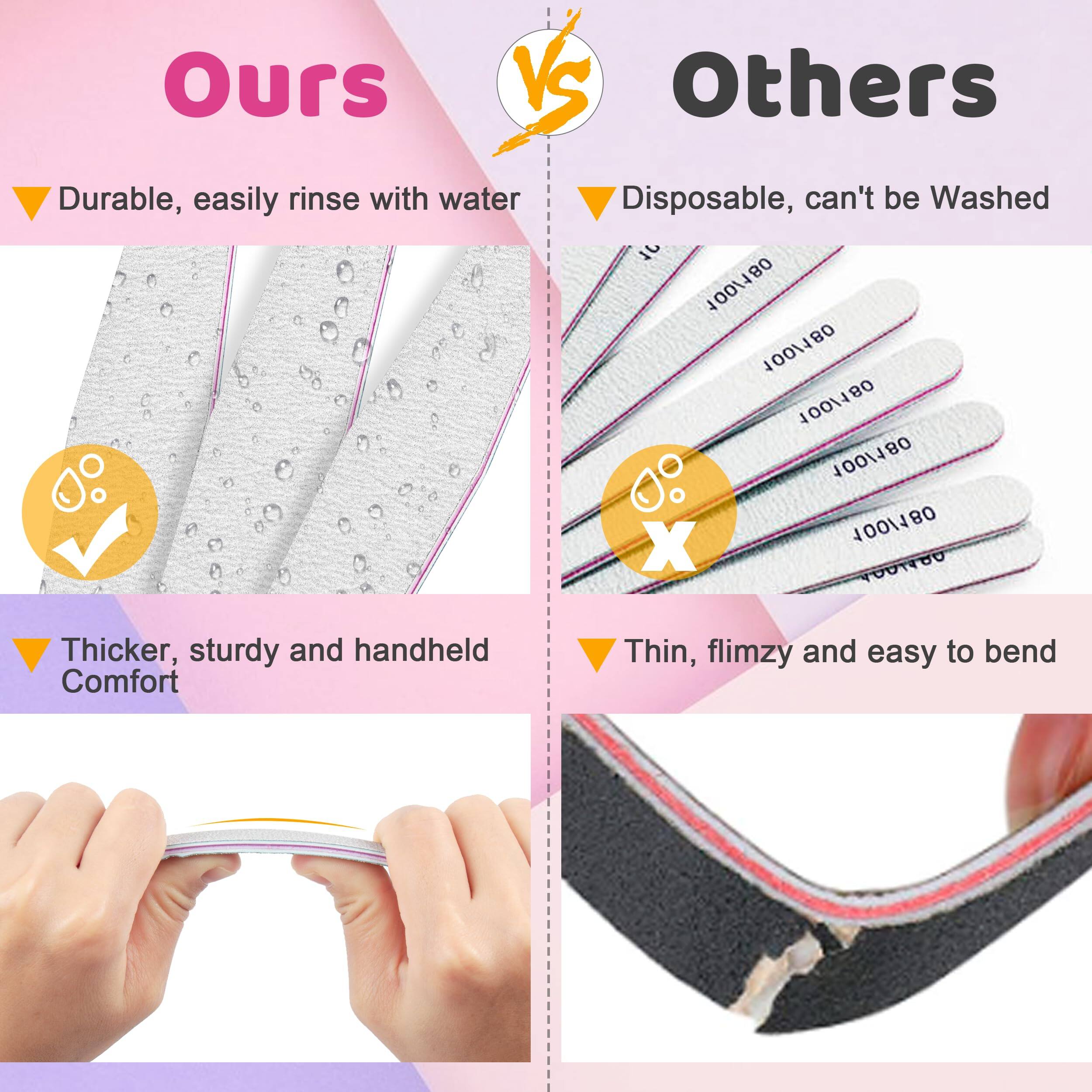 **Ours**

- Durable, easily rinse with water
- Thicker, sturdy and handheld Comfort

**Others**

- Disposable, can't be Washed
- Thin, flimsy and easy to bend