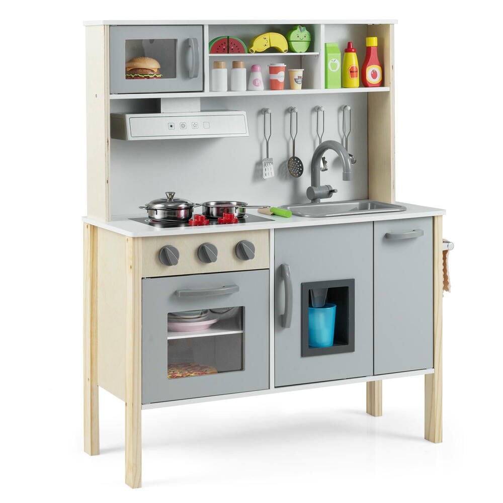 Alt View 4. Resenkos - Wooden Pretend Play Kitchen Set for Toddlers - Role-Play Toy Kitchen - Gray - White.