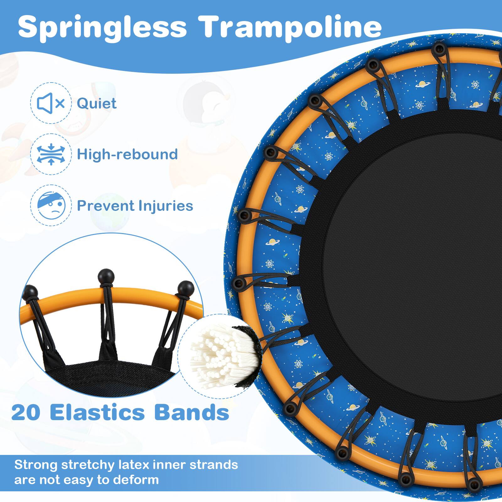 Springless Trampoline  
Quiet  
High-rebound  
Prevent Injuries  

20 Elastics Bands  
Strong stretchy latex inner strands are not easy to deform