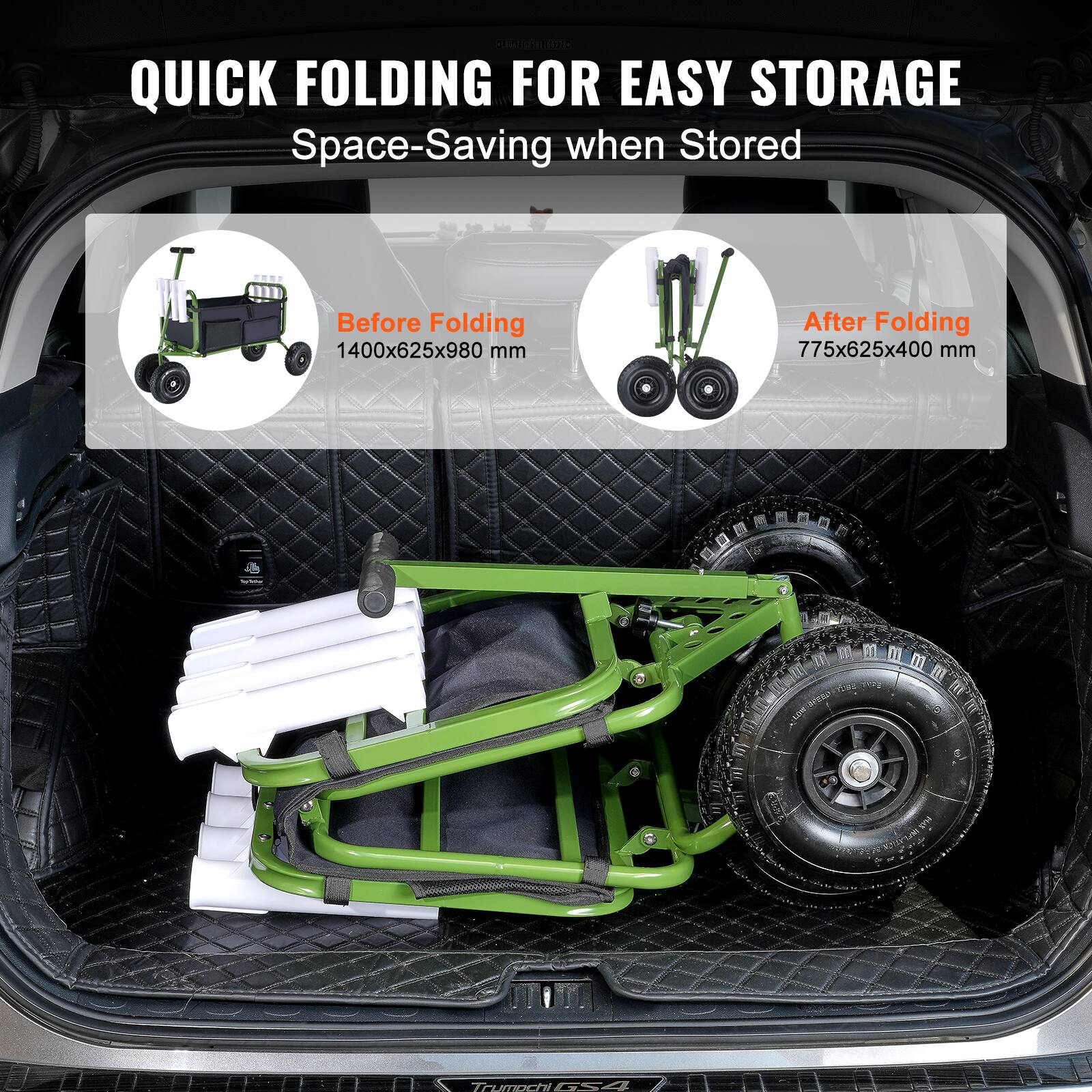 QUICK FOLDING FOR EASY STORAGE
Space-Saving when Stored
Before Folding 1400x625x980 mm
After Folding 775x625x400 mm
D7 1ode LE m m
TH Trumbchi GS4