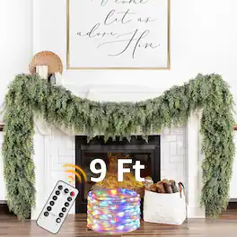 Refined Abode Design - Cedar Christmas Garland Lights Mantle Decorations Realistic Lighted Faux Pine Garlands Xmas Home Decoration - Multi
