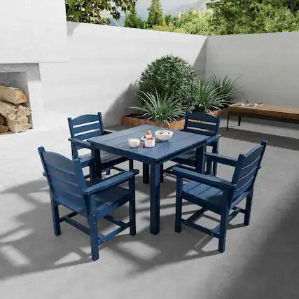 Front. Fortune Candy - Poly Lumber Patio Dining Set, 36.2" Table & Slat Back Chairs with Umbrella Hole, Weather-Resistant(Navy Blue, 5-piece) - Navy Blue.