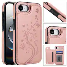 Front. Dteck - For Apple iPhone 17e / 16e Wallet Case Flower Embossed Pattern PU Leather Card Slots Flip Kickstand Shockproof Cover - Rosegold.