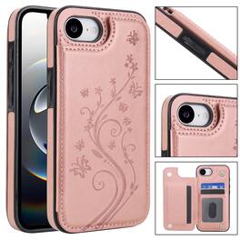 Dteck - For Apple iPhone 17e / 16e Wallet Case Flower Embossed Pattern PU Leather Card Slots Flip Kickstand Shockproof Cover - Rosegold