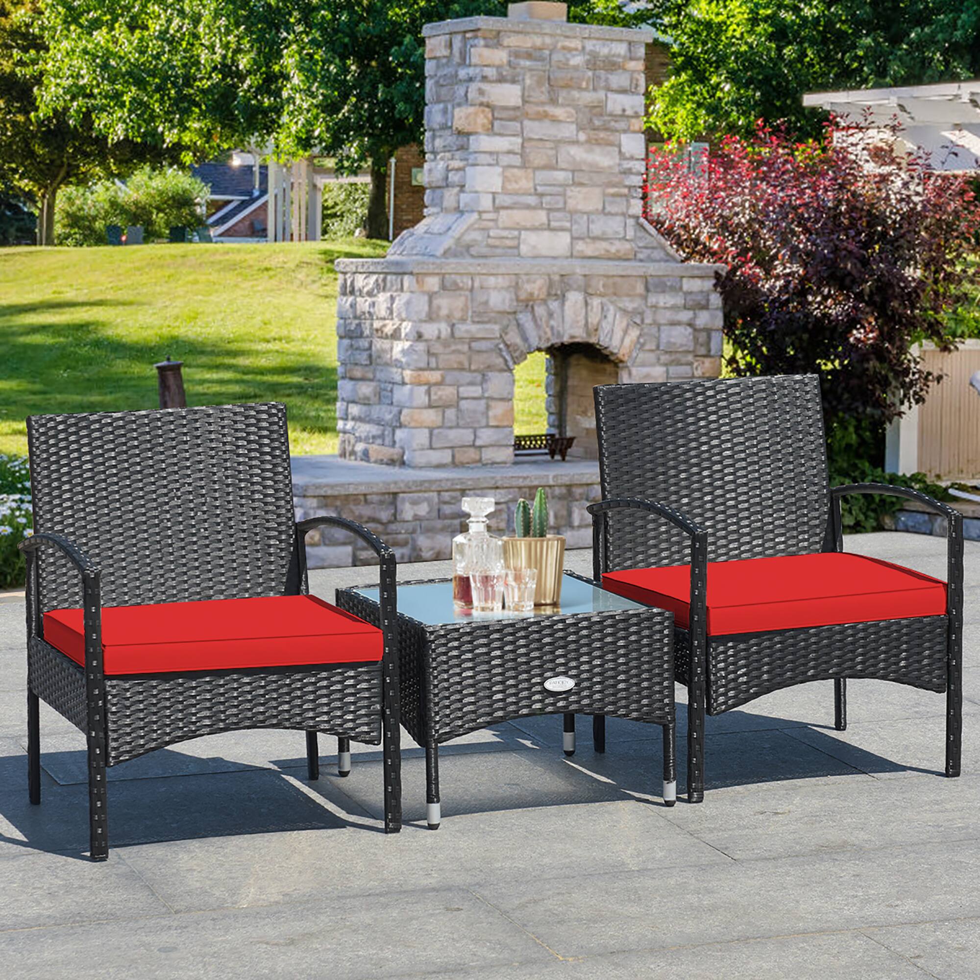 Alt View 2. Costway - Costway 3 PCS Patio Wicker Rattan Furniture Set Coffee Table & 2 Rattan Chair W/Cushion - Red.
