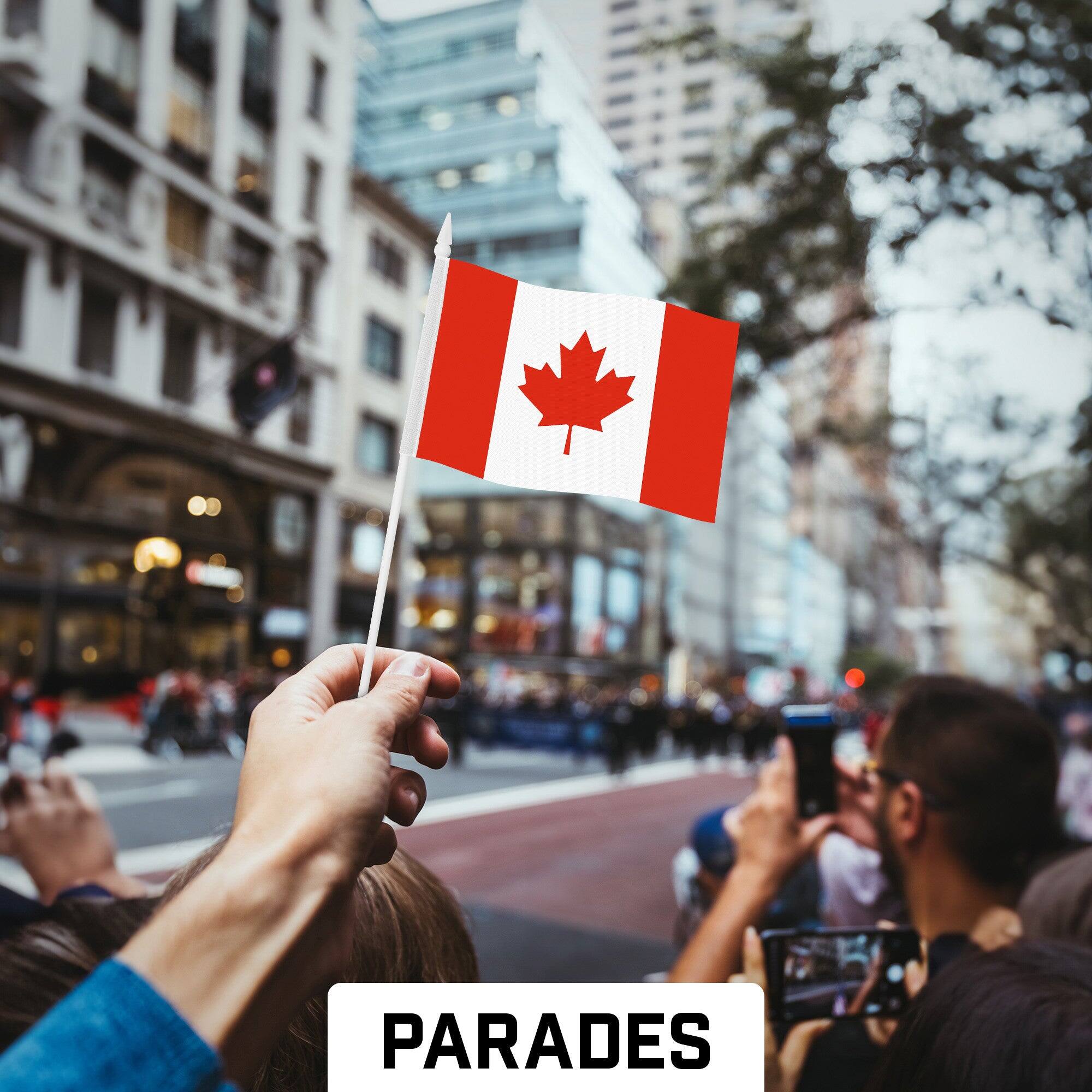 Back. G128 - 12-Pack Handheld Canada Flags, 4x6 in, 150D Polyester with Plastic Stick and White Spear Tip. - Assorted Colors.