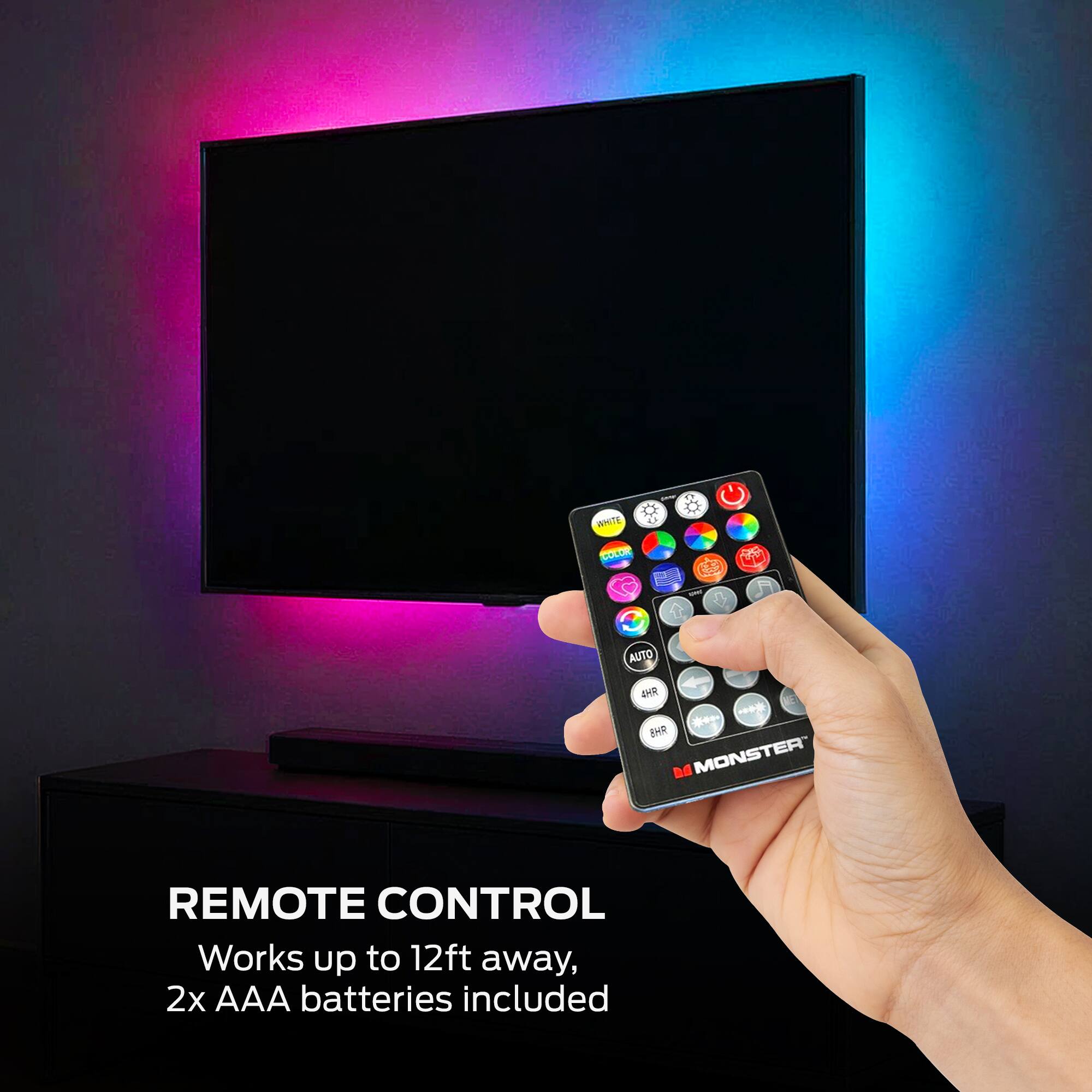 WHITE d 1 .E 5 AUTO - - BHR M MONSTER REMOTE CONTROL  
Works up to 12ft away, 2x AAA batteries included