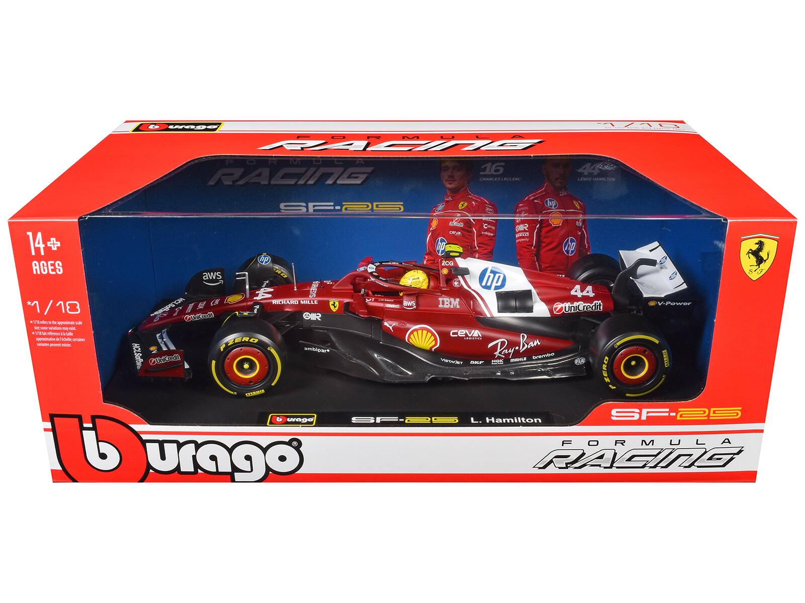 O - FORMULA 1 RACING  
FORMULA 16 44 RACING  
LEWIS HAMILTON SF-25  
14+ AGES  
aws IBM v-Power  
1/18  
UniCredit  
GIR - a M de - vt - caraon - Veno a Tal CeVA  
ZERO Rry-Ban wmbipart  
7 - Dreno CN VAaT BALr ce ns ZERO KEEMN urngo SP-EE